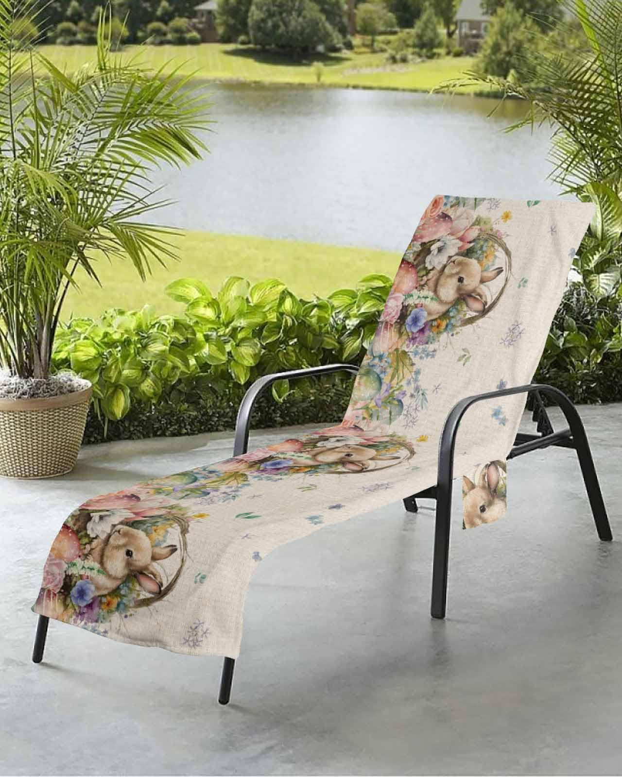 Easter Rabbit Beach Chair Towel Covers for Chaise Lounge with Side Pocket, Soft Plush Pool Towels Cover for Patio Sunbathing Outdoor 29''x85'' Rustic Easter Basket Eggs Bunny Wildflower