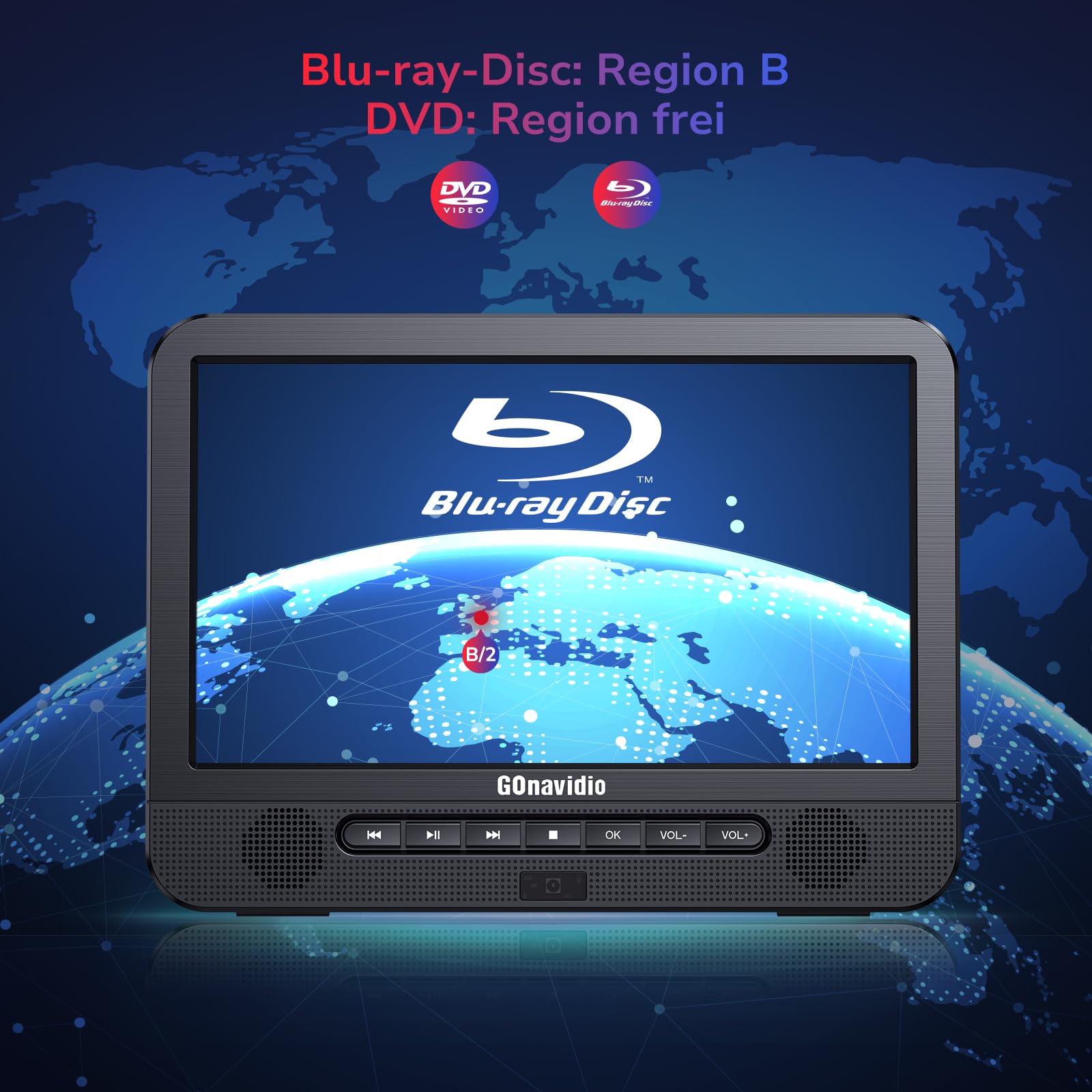 GOnavidio Blu Ray DVD Player Auto 2 Bildschirme 10,5" Mit 5 Stunden Akku HDMI-Ausgang, tragbarer Bluray DVD Player Auto Fernseher, Surround-Sound Effekt Mit AV IN- und AV Out-Funktion
