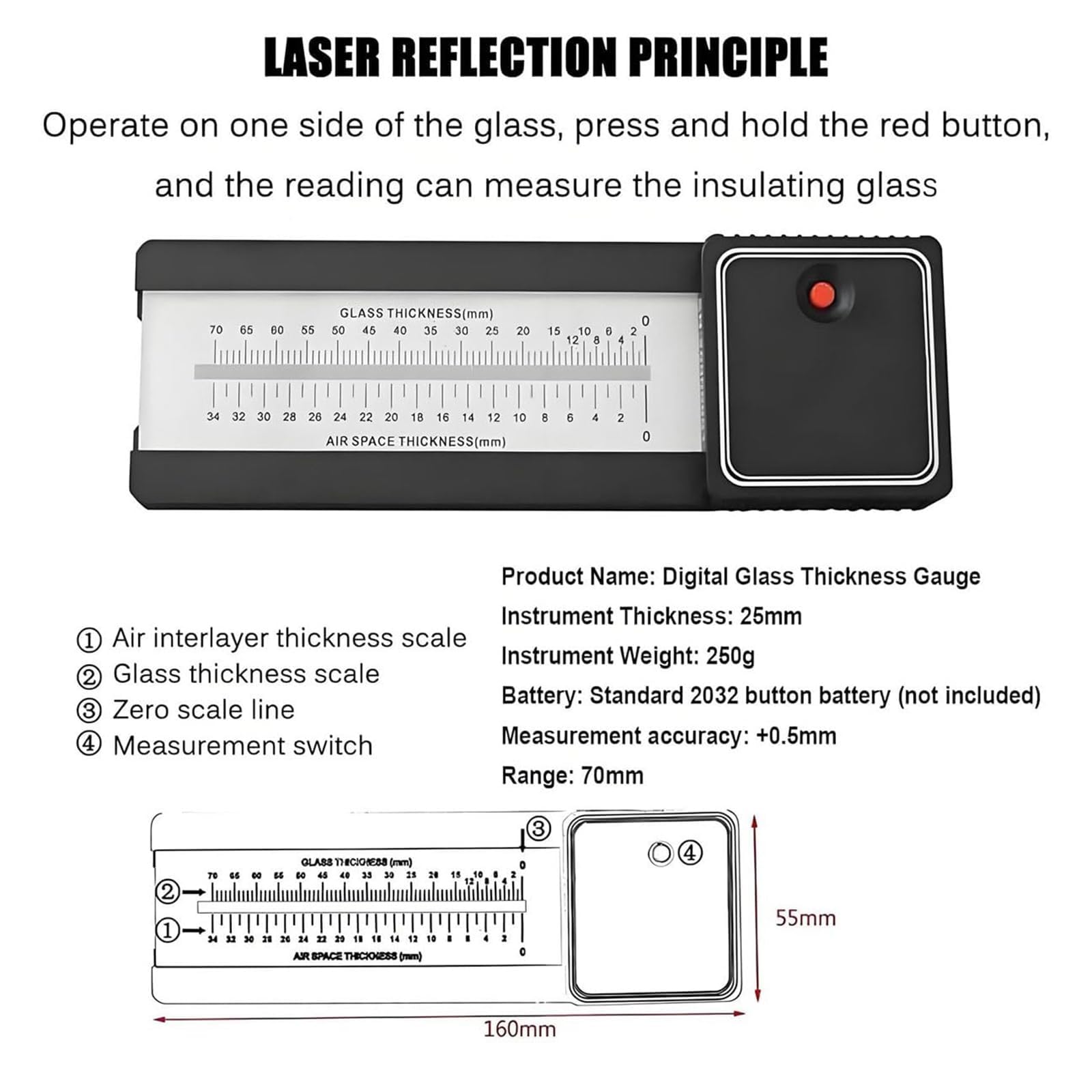 Medidor de grosor de vidrio, probador de vidrio aislante con rango de medición de 70 mm, precisión de ± 0,5 mm, escala transparente para inspección y supervisión
