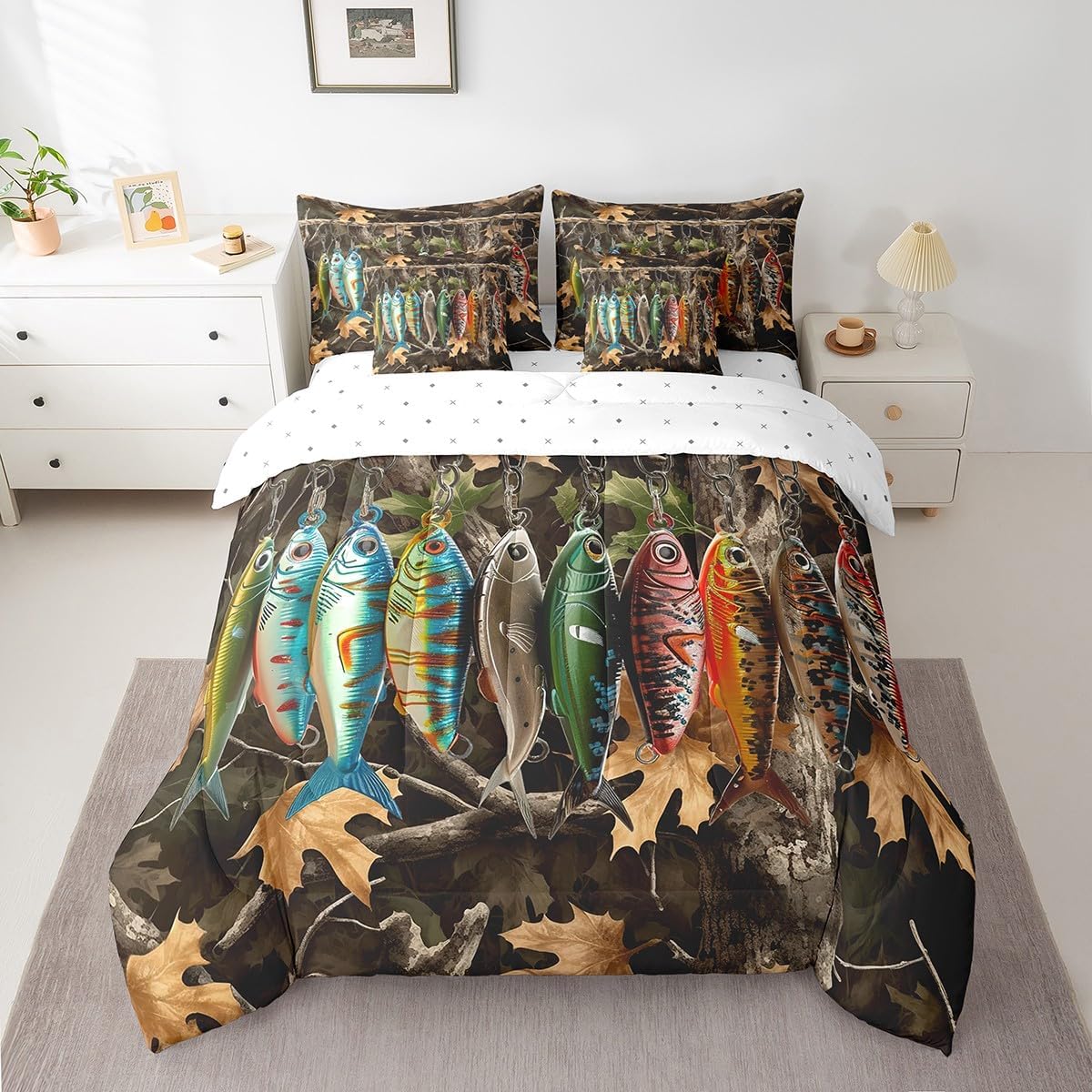 Feelyou Camouflage Fishing Comforter Set 7 Pieces for Fishing Lover Twin Size Cabin Lodge Bed in a Bag with Sheets Lodge Room Decorative Bass Fish Pike Fish Fisherman Bedding Set Camper Quilt Set