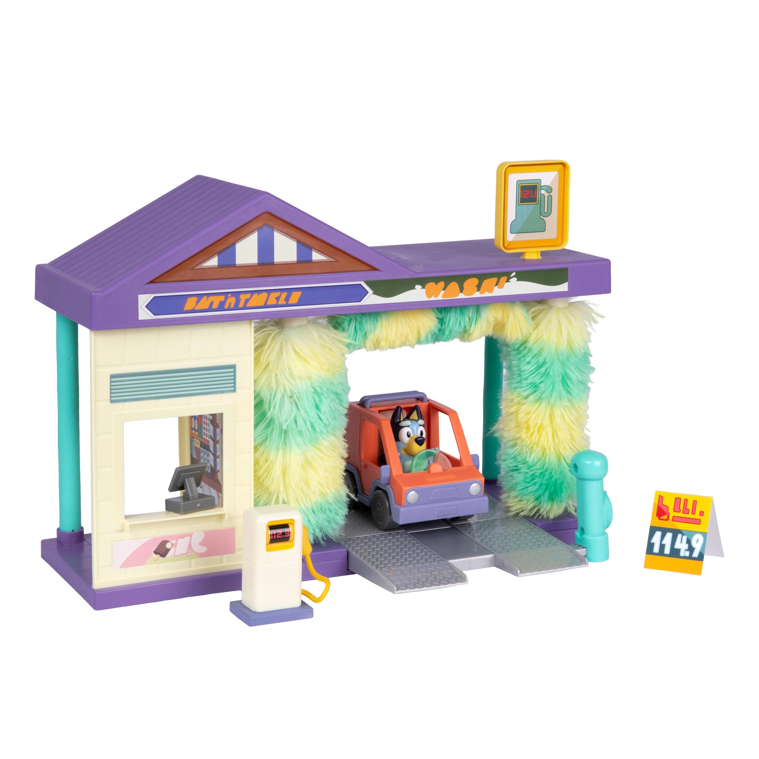 Bluey Set de Juego del Túnel de Lavado Incluye una Figura Exclusiva; Gira los cepillos, Llena el depósito de Gasolina y recrea la Aventura del Monstruo Peludo; Juguete Interactivo para niños