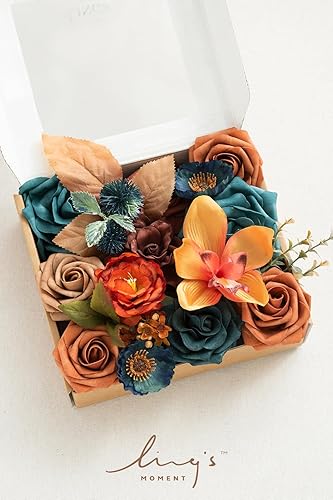 Miniatura 8 de Ling's Moment Juego de caja combinada de flores artificiales de terracota y vegetación, flores falsas de terracota para ramo de novia de boda,