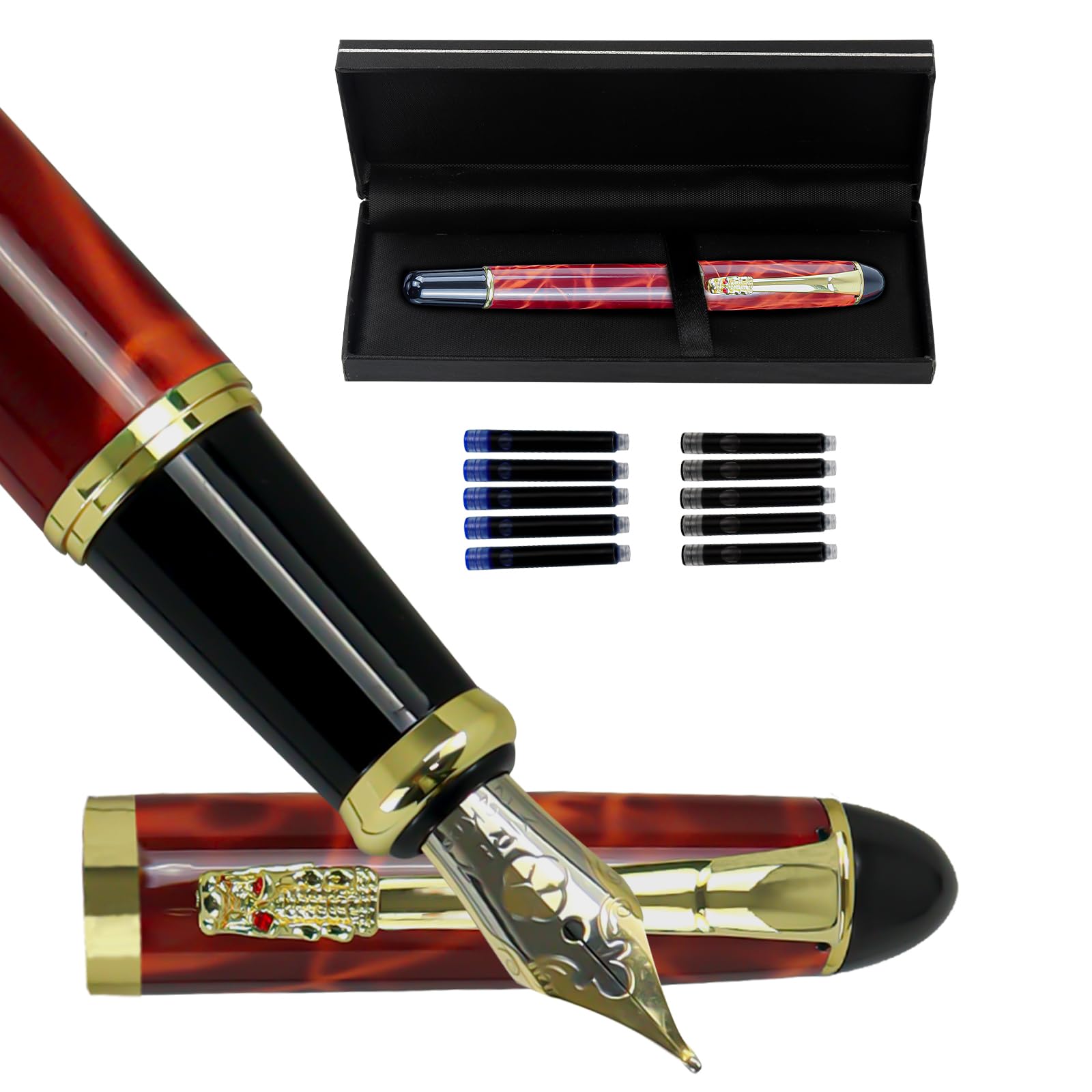 YUNCHUN Fountain Pen Set - Fine Nib Metal Ink Pen With 10 Cartridges (5 Black + 5 Blue) | Executive Writing Gift Set