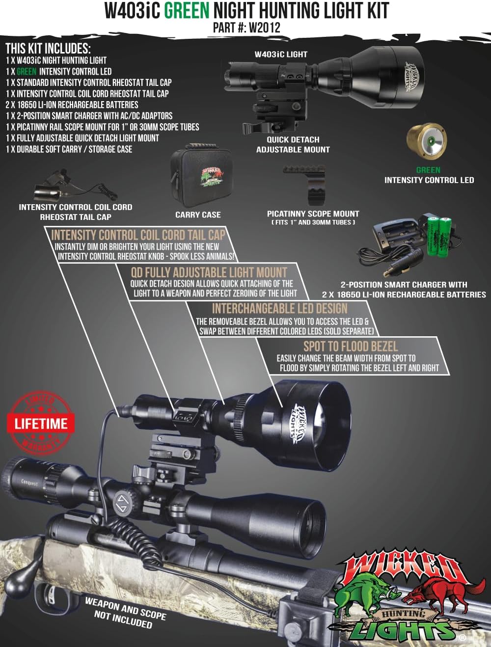 Wicked Lights W403iC Green Night Hunting Light Kit for Predator, Varmint & Hog Complete Green led Light kit