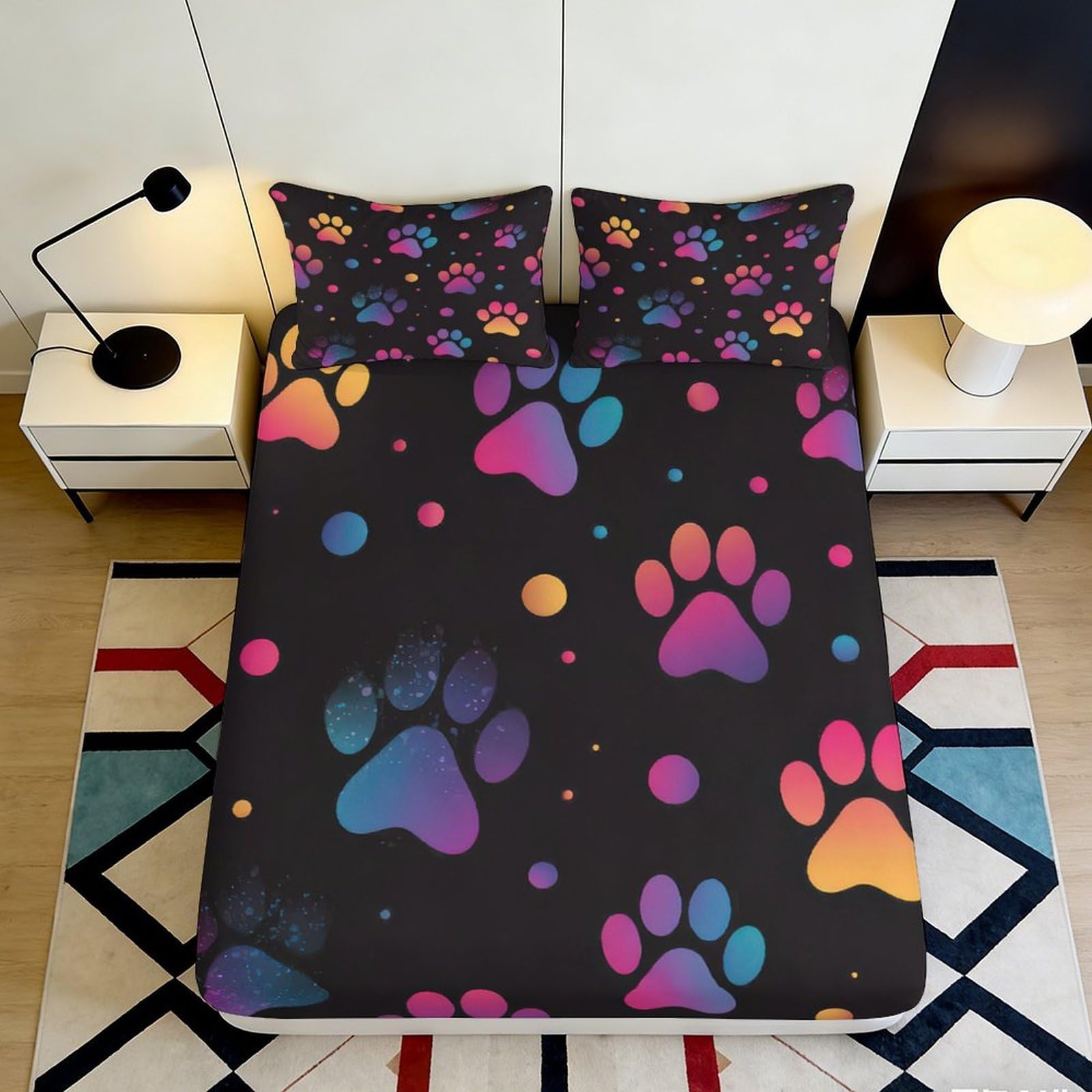 Pnayamiorkfel Style-4 3D Printed Rainbow Paw Fitted Sheet Microfiber Soft Non Slip Animal Dot Mattress Cover For Bedroom Guest Room Decor 90X200x25cm