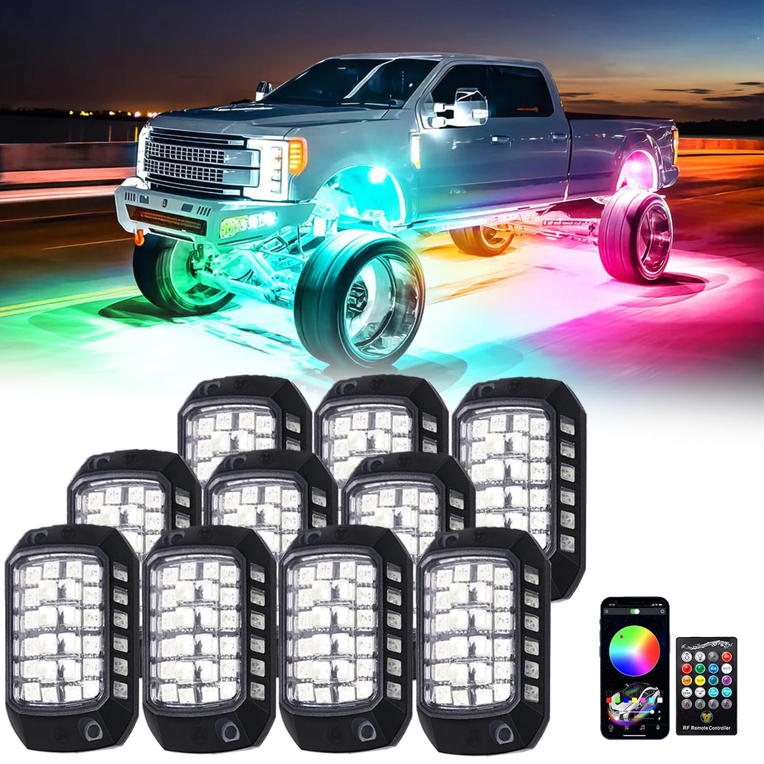 RGB Rock Lights, 10 Pods 360 LEDs SMD Chips Super Bright App Control Underglow Neon Light Exterior Chassis Wheel Well Glow Kit for Off Road Cars Trucks Jeep SUV UTV ATV RZR Golf Cart