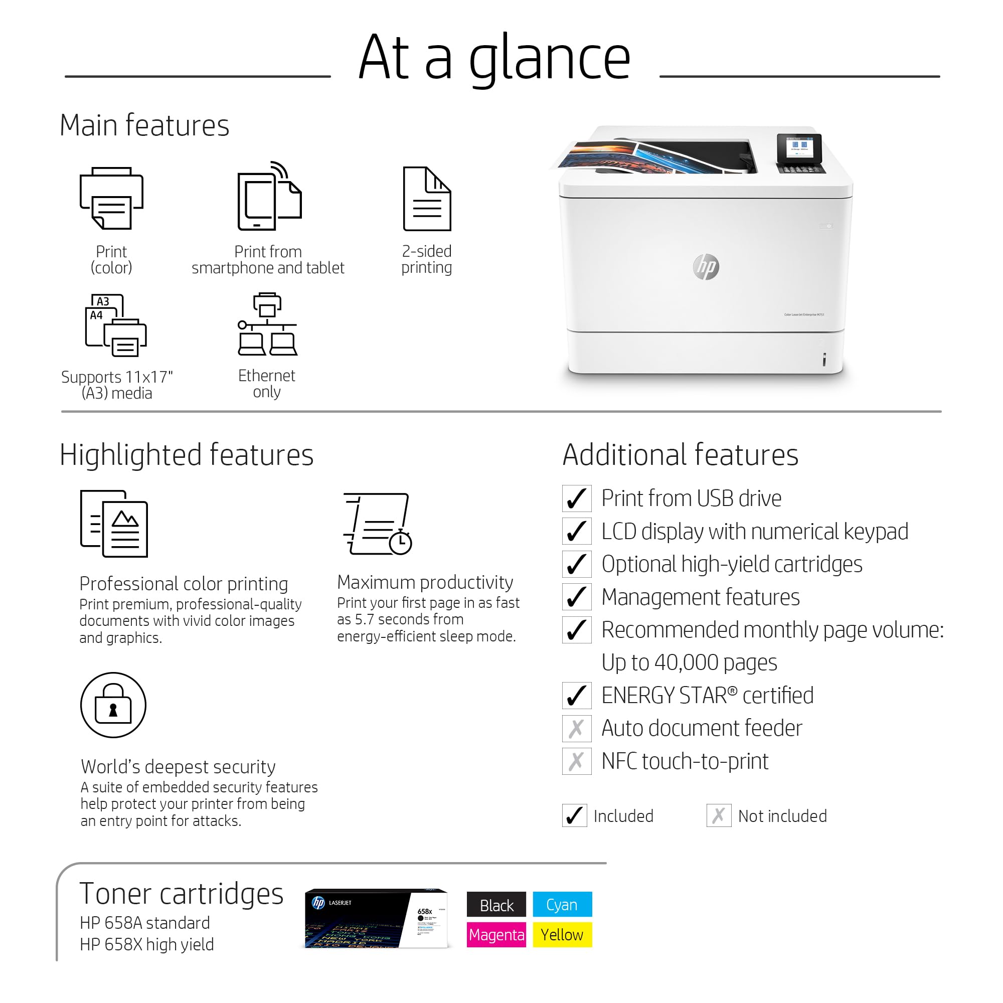 HP Color LaserJet Enterprise M751dn Printer with One-Year, Next-Business Day, Onsite Warranty (T3U44A), White