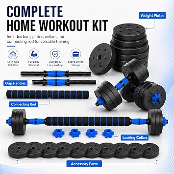 Adjustable Dumbbell Barbell Set 10-50kg, 2 in 1 Home Gym Weights Set with Connecting Rod, Push Bar, Spin Collars & Weight Plates, Black Adjustable Weight Lifting Dumbbells for Strength Training