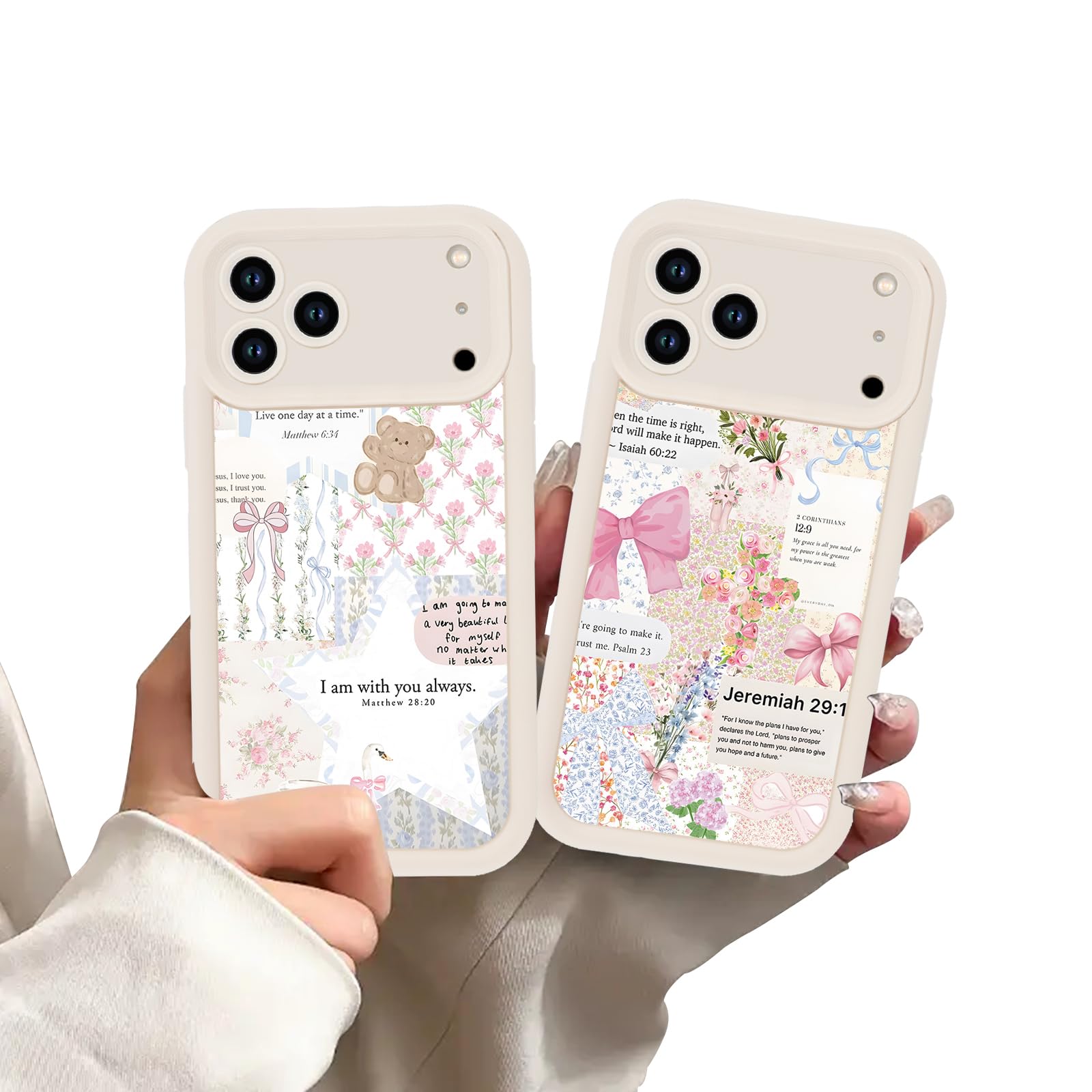 Lot de 2 coques de téléphone collage de Jésus avec versets de la Bible et nœud pour iPhone 17 Pro Max 6,9" pour filles et femmes, motif Jésus, Dieu, Foi, floral, ours en TPU souple résistant