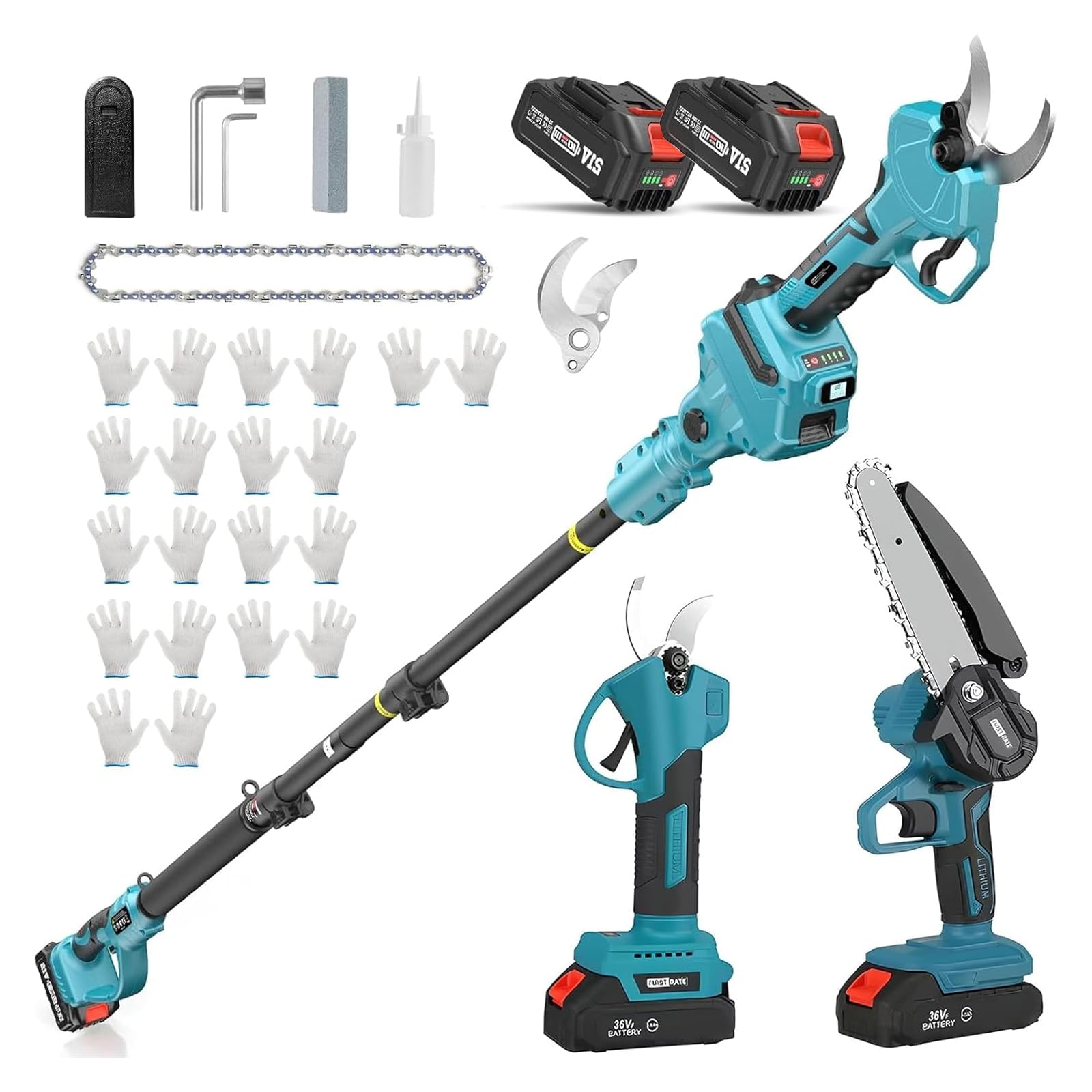 Sécateur Électrique avec Perche, Sécateur Électrique Sans Fil, Batterie Li-ion 2X2.0ah, Secateur Telescopique Electrique Ciseaux de Jardin,Lames Sk5, Réglage de L'angle 90°