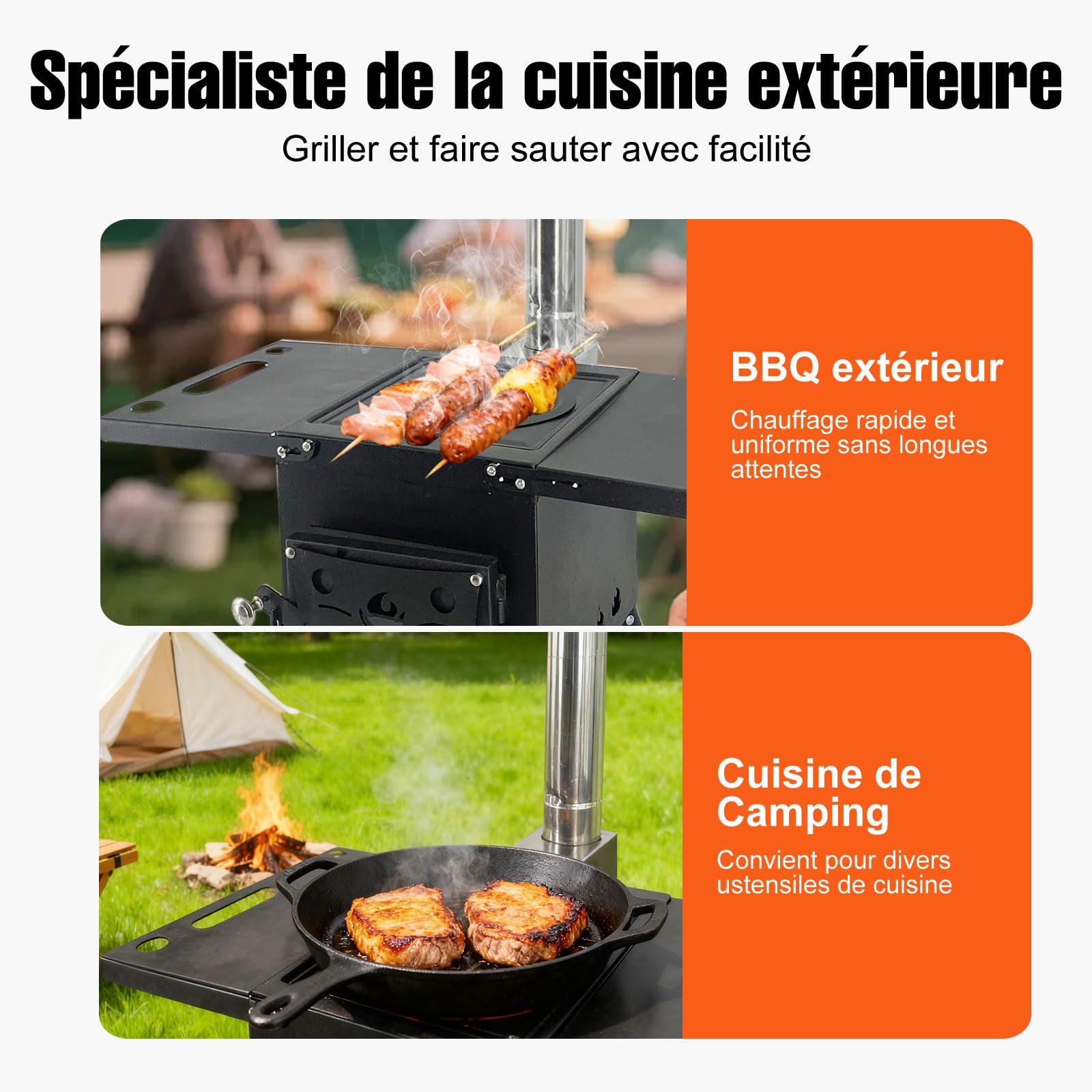 Poêle à Bois à Double Paroi, Pieds Démontables, Acier Carbone | 3 Tuyaux, avec Crochet et Gants, Réchaud Camping Portable pour Chauffage, Barbecue, Camping, Randonnée, Chasse