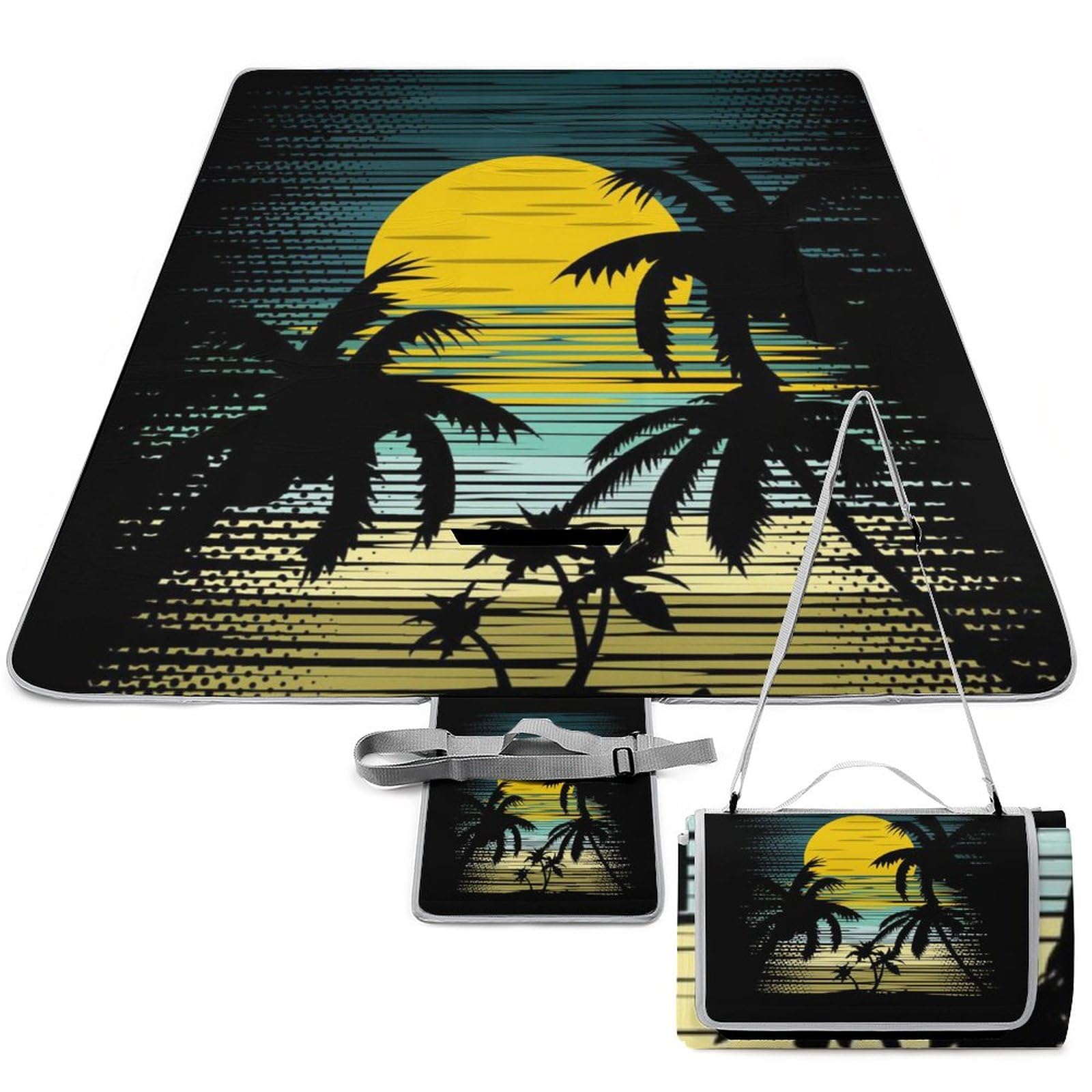 Sunset-Summer Picnic Blanket Waterproof Foldable, Large Outdoor Picnic Blanket Beach Blankets Camping Blanket Travel Mat, Shoulder Strap Tote, Rectangle 58x58in