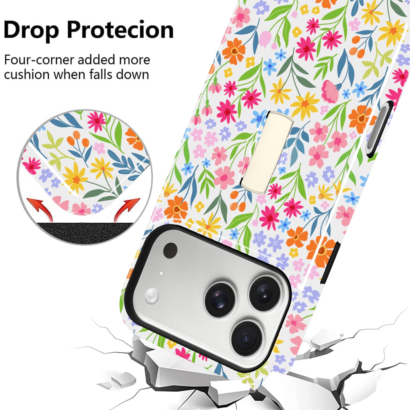 Fiyart Funda magnética para iPhone 17 Pro Max, diseño floral con soporte para correa de muñeca, bonito patrón de flores compatible con MagSafe, soporte de agarre manos libres, antideslizante, a prueba