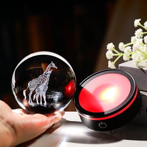 Miniatura 5 de YWHL Figura de bola de cristal de jirafa 3D con base de luz colorida, regalos de jirafa para mujeres, hombres y niñas en cumpleaños, estatua de