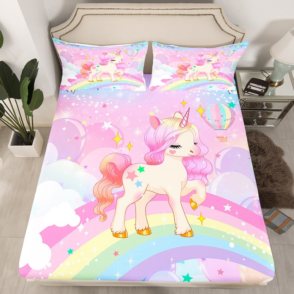 Feelyou Unicorn Girls Bedding Set Twin Kawaii Cute Rainbow Unicorn Bed Sheets Cartoon Horse Sheet Set Kids Children Galaxy Stars Magical Pink Unicorn Animal Room Decor 1 Sheet +1 Pillowcase