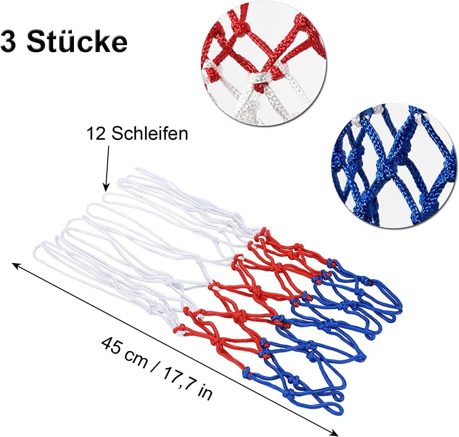 Red de baloncesto, 3 piezas de red de repuesto profesional, resistente a la intemperie, red para balones, para uso interior o exterior, 12 trabillas