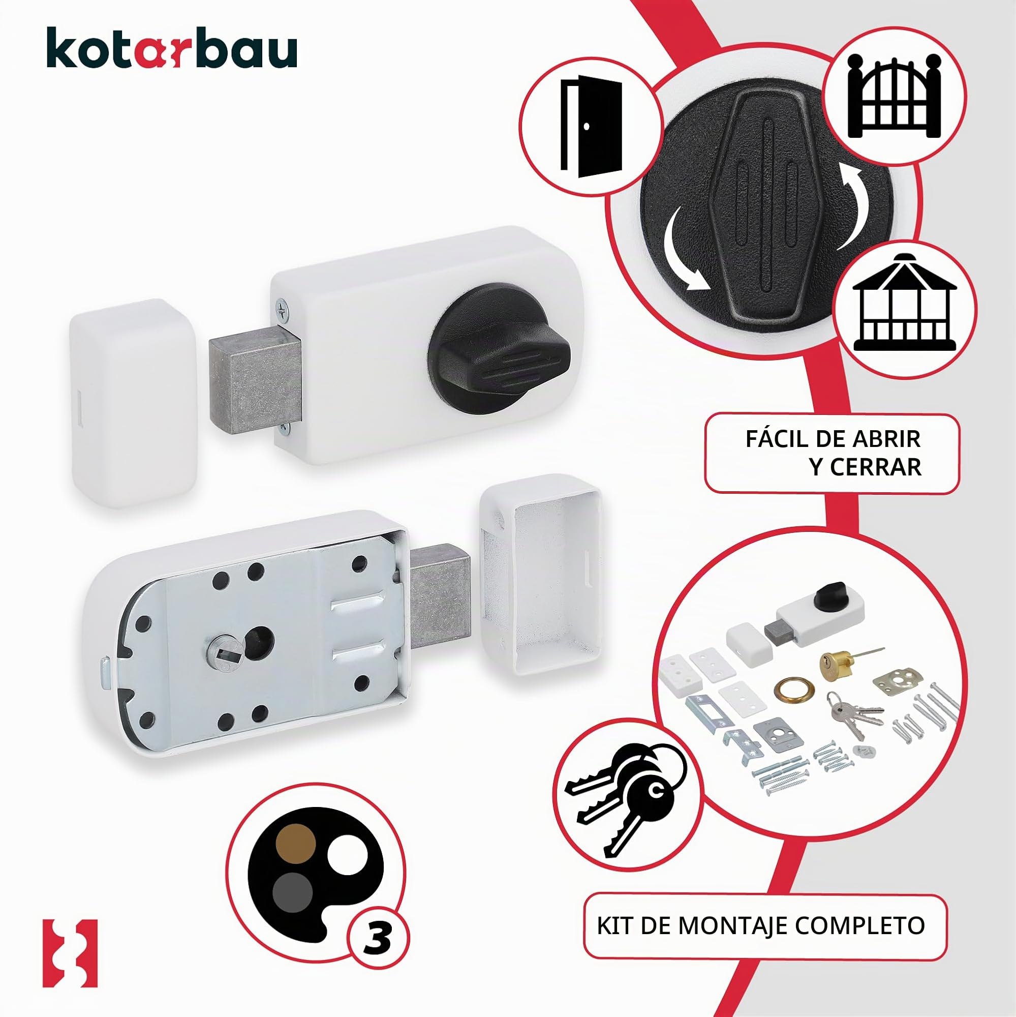 KOTARBAU® Cerradura adicional de 50/60 mm, 3 colores, con cilindro de cierre, diferentes cierres, cerradura para puerta, cerradura para puerta, cerradura de caja (blanco), 50/60 mm