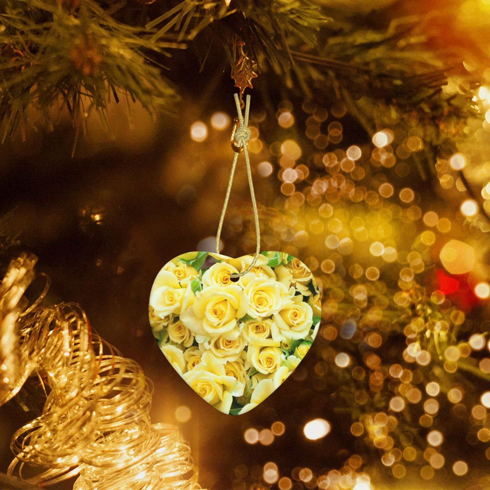 Christmas Ornaments Heart Ceramic Ornaments Yellow Rose Printed Christmas Tree Ceramics Hanging Ornament for Xmas Holiday Party Decorations
