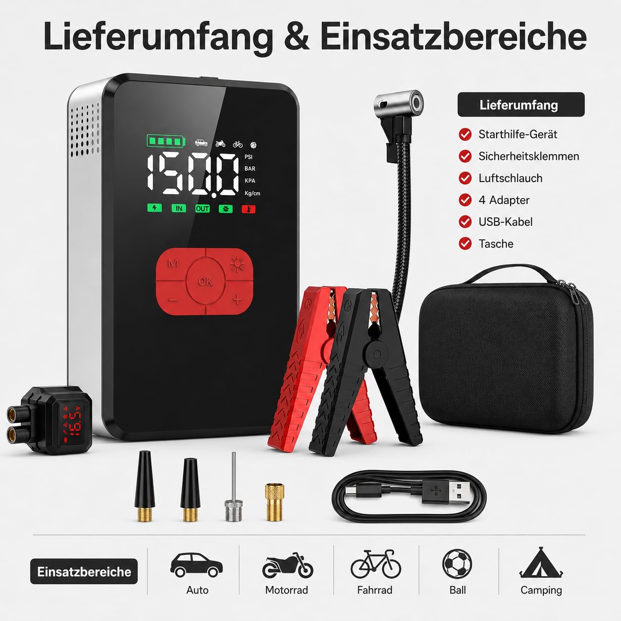 7000A Starthilfe 12V mit 26800 mAh Powerbank, 150 PSI Kompressor, LED-Notlicht SOS, 3,3" Display, Auto Motorrad Fahrrad Reifenpumpe, Pannenhilfe & Camping