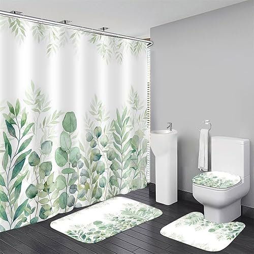 DDQQ Juego de cortinas de ducha de hojas verdes con alfombra antideslizante, cubierta para tapa de inodoro y tapete de baño, juego de cortinas de