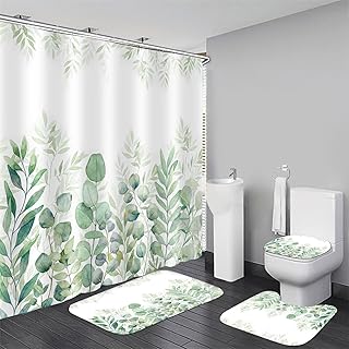 DDQQ Green Leaves Shower Curtain Sets with Non-Slip Rug
