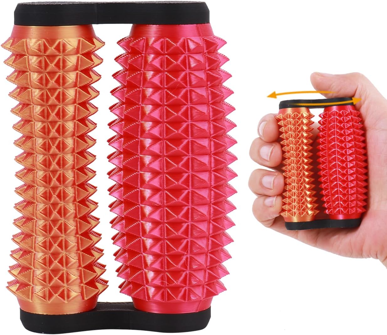 Two-Wheel Style Pain Fidget – Pain Stim Tool Spiky Sensory Fidget Toys for Adults Anxiety Relief, 3D Printed Grippie Keychain for Focus & Skin Picking, Stress Relief Gift for Teens,Gold + Red