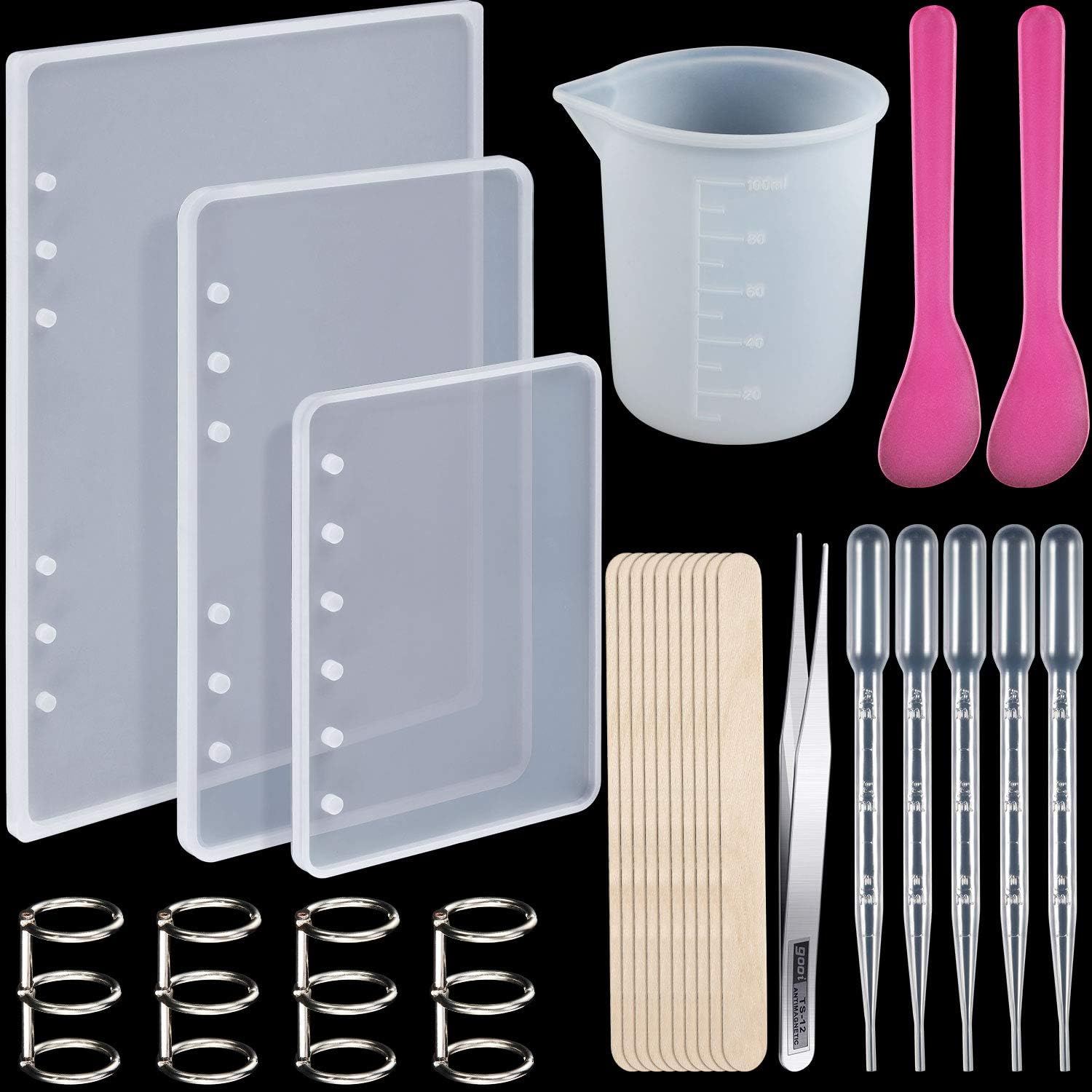 WILLBOND 26 Pcs Resin Notebook Mold Kits Cover Silicone Molds for A5 A6 A7 Silicone Resin Molds for Notebook Epoxy Resin DIY with Book Rings Spoon Tweezer Cup Dropper Wood Stick