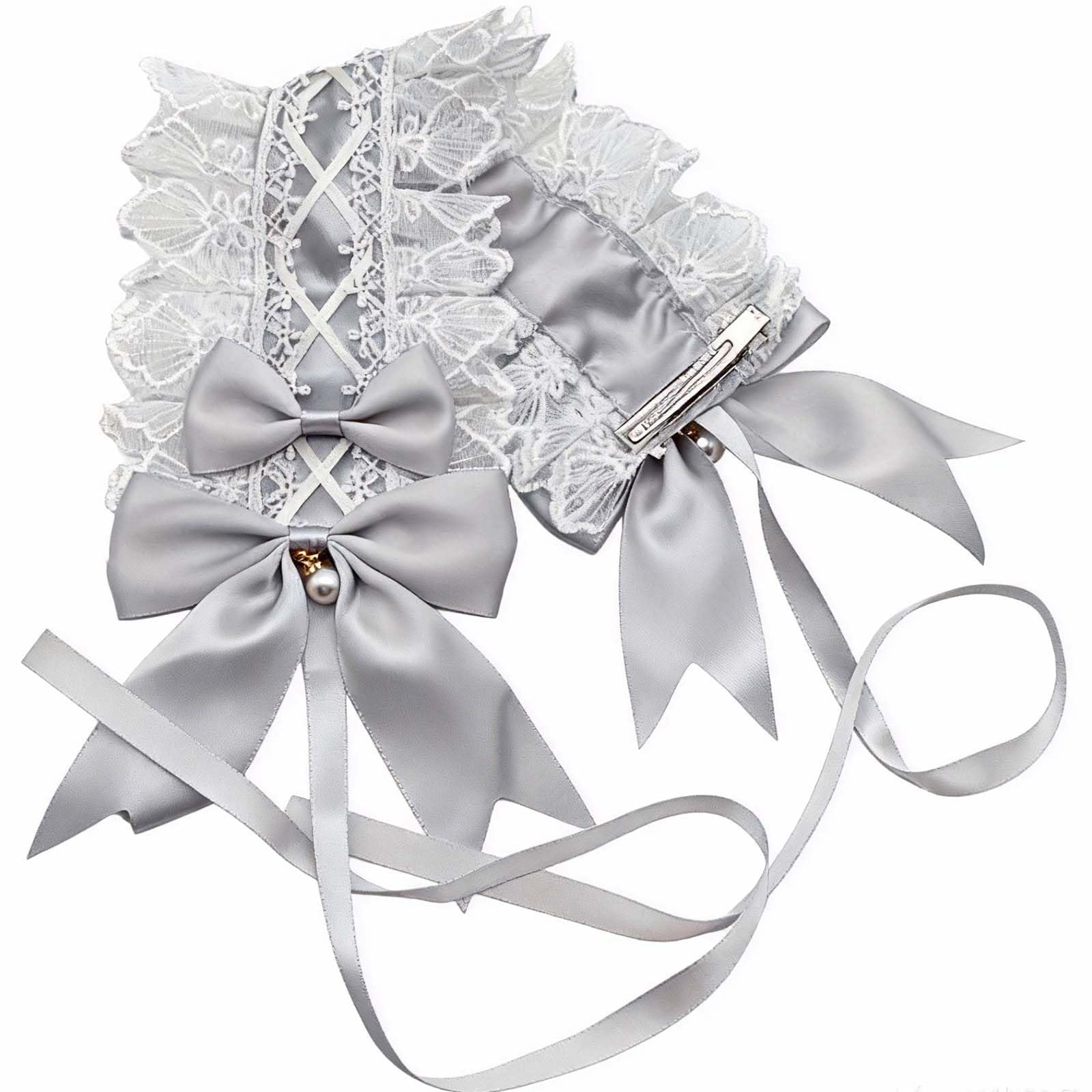 TECHPLUS Lolita Headband with Lace and Ribbon Bow - Hair Accessory for Cosplay, Party, and Daily Wear, Grey, Medium