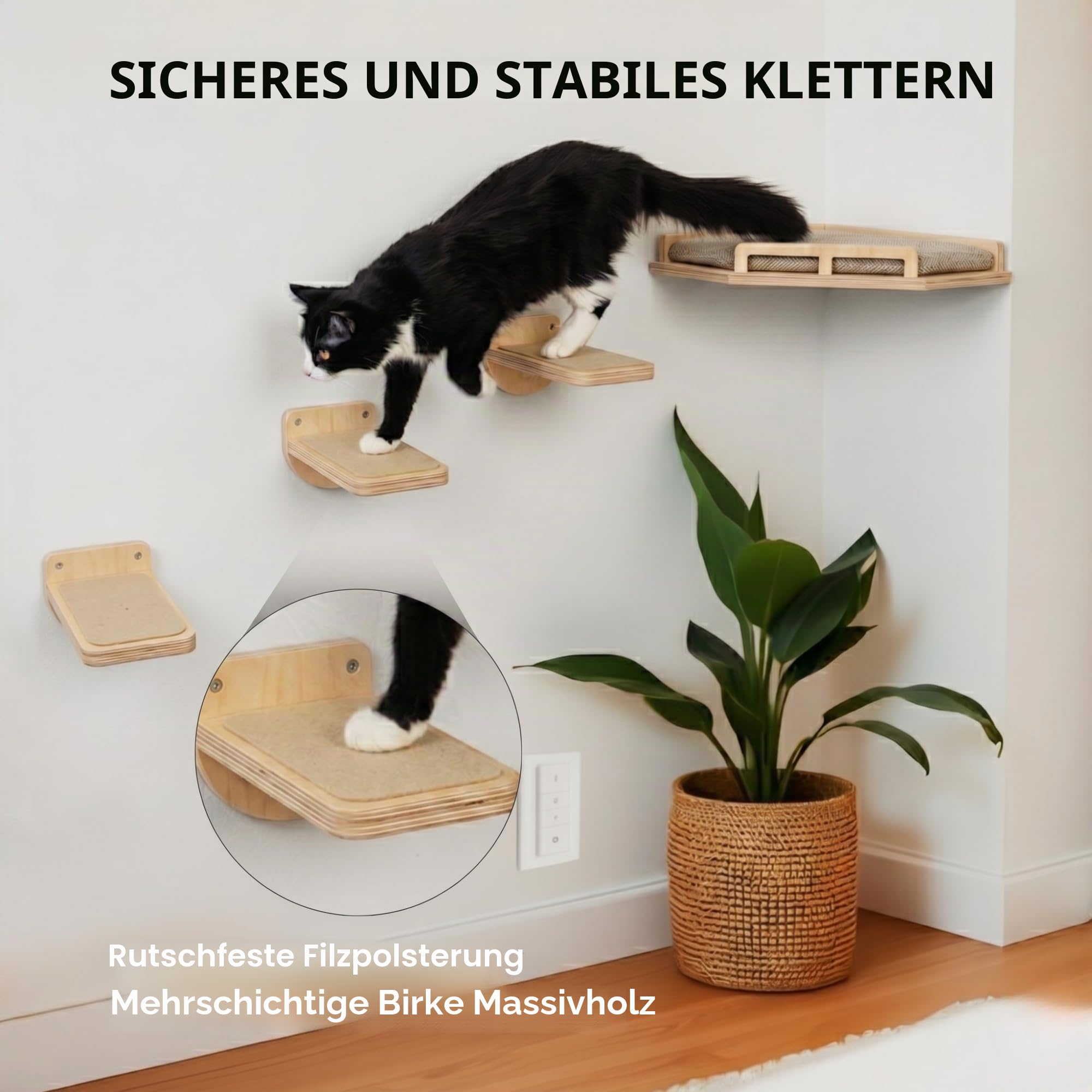 INICIO Katzen-Wandregal, sichere und stabile Katzenwandmöbel, stilvolles Eckregal aus Birkenholz, 3 Stufen für Katzen bis 8 kg, gepolsterte Sitzstange und Treppen zum Klettern und Spielen