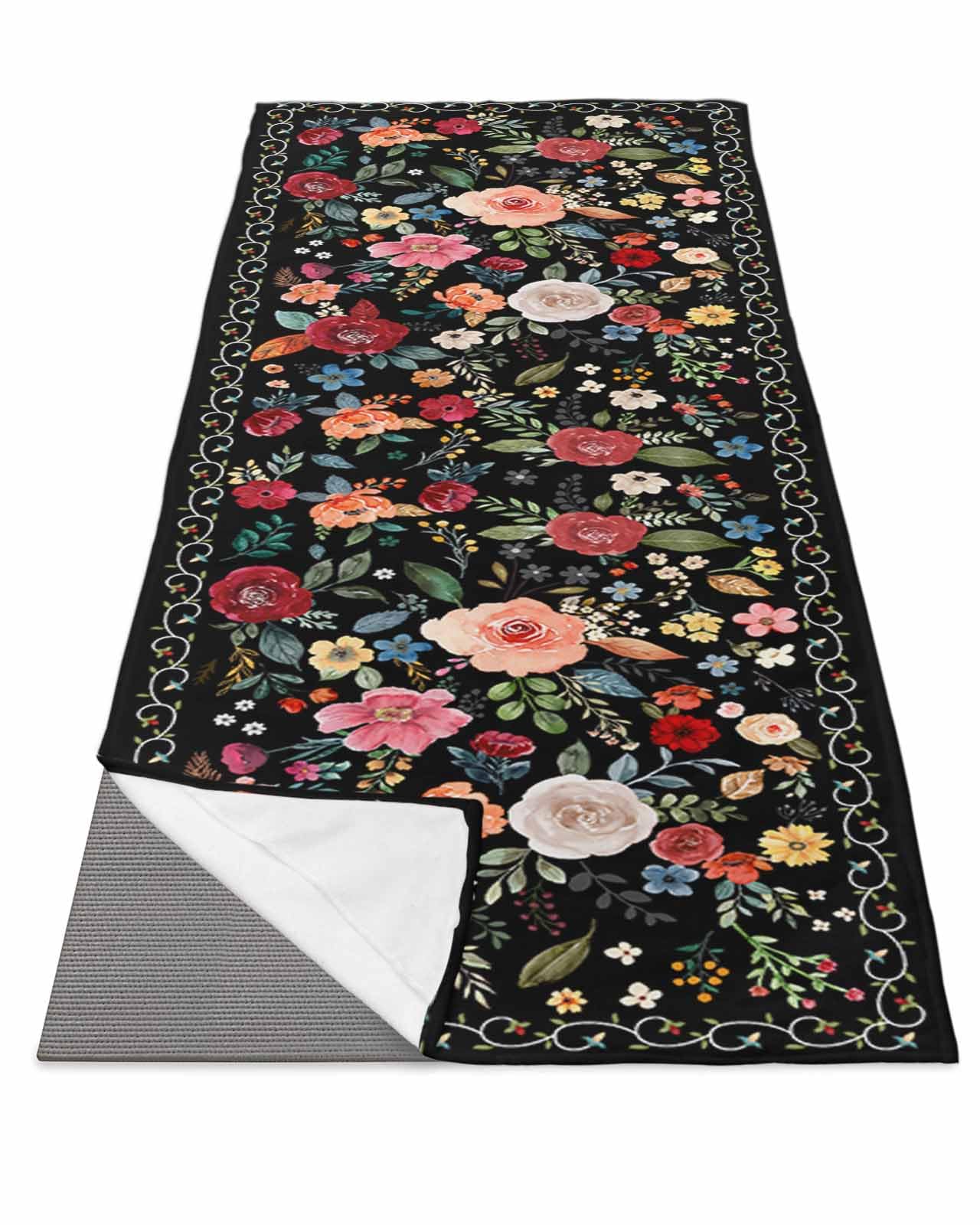 DecorLovee Yoga Mat Towel for Hot Yoga, Black Spring Floral Absorb Sweat Microfiber Yoga Towel Non Slip Yoga Mat Towel With 4 Corner Pockets for Bikram, Pilates, Botanical Watercolor Summer 26
