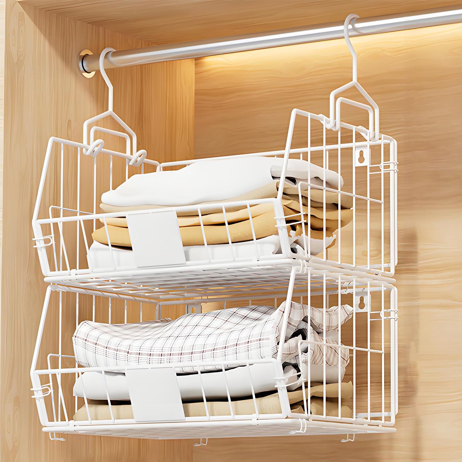 Organizador Colgante de Armario, 2 Niveles, para Ropa | Cestas de alambre abiertas, almacenamiento vertical para prendas dobladas, bolsos y accesorios