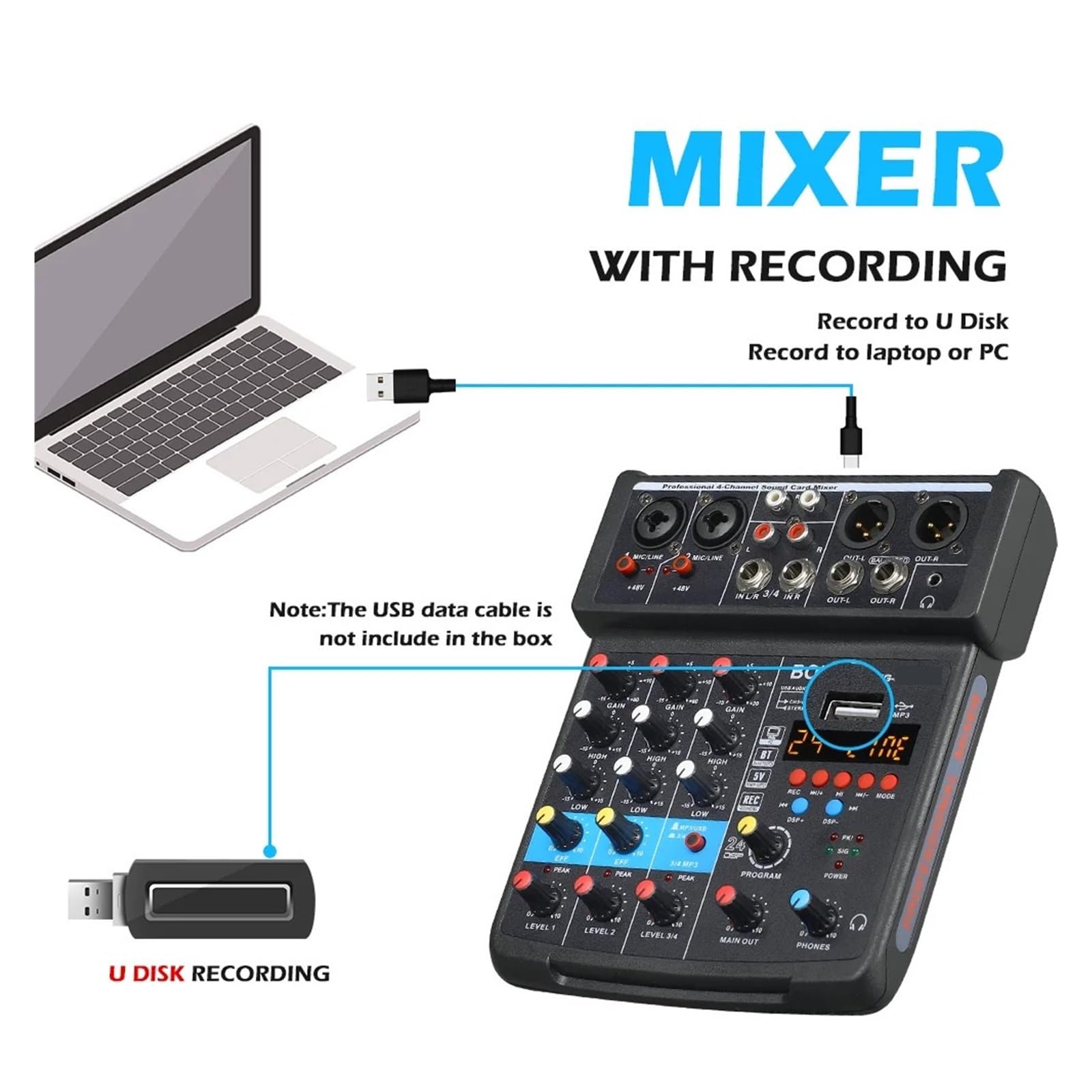 Mixer Audio Console Di Interfaccia Scheda Audio USB A 4 Canali 24 Con Registrazione Con Alimentazione Phantom Bluetooth 48V Su PC(Black)