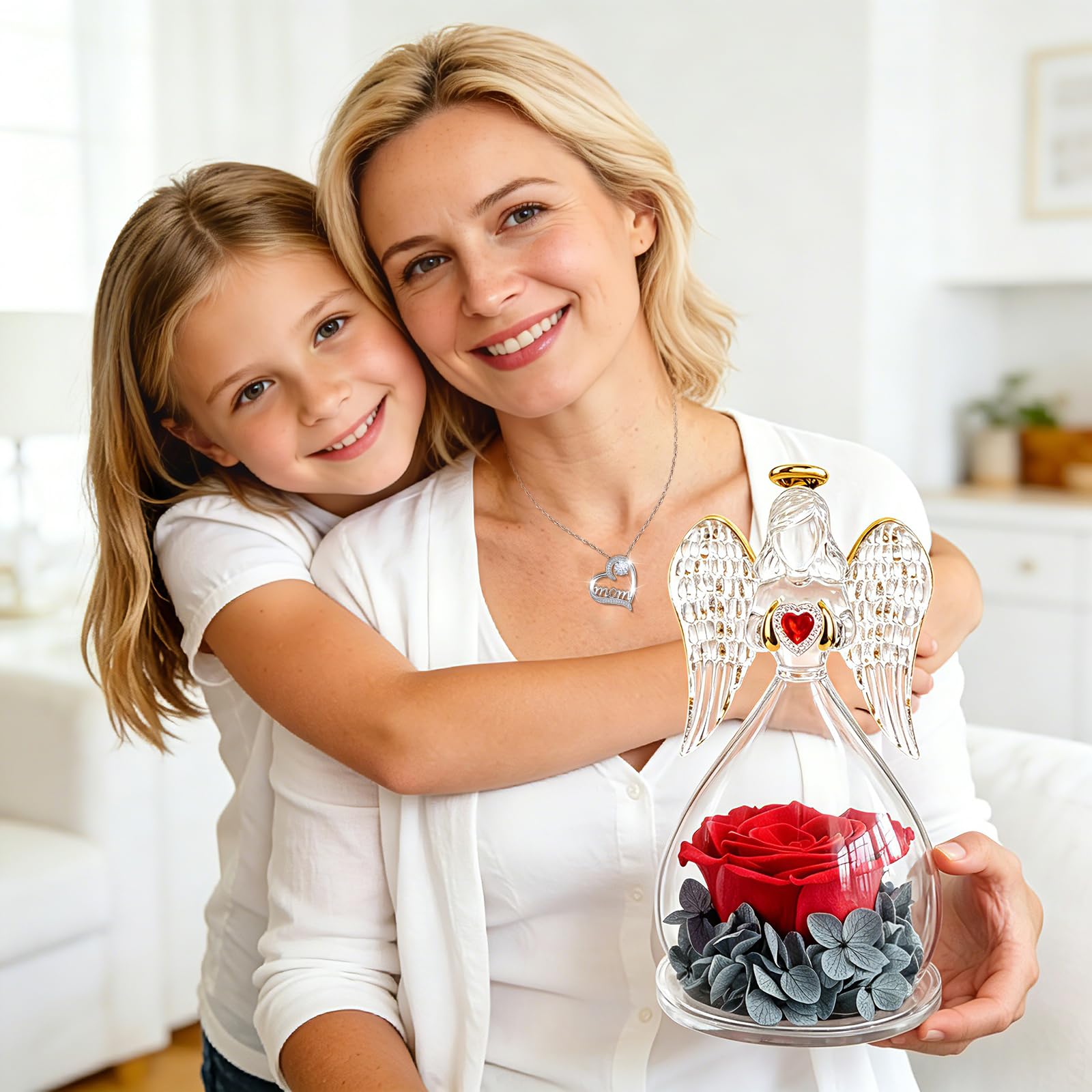 Miofula Regalos Dia de la Madre, Rosa Eterna con Collar Plata de Ley 925,Regalos Originales para Madres, Flores Preservadas Ángel Figura Regalo para Mujer Mama Abuela, Regalo Madre Cumpleaños Navidad