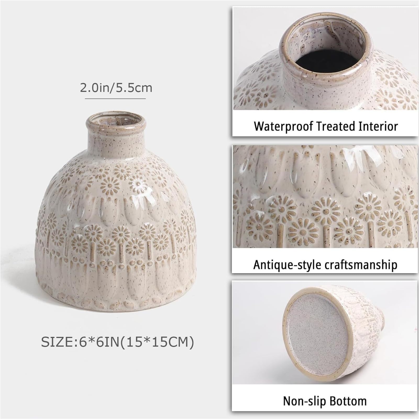 Dekoracyjne wazony ceramiczne, białe wazony na suszone kwiaty, tulipany i trawę pampasową, wytłaczane wazony rolnicze, nowoczesna dekoracja wiejskiego domu