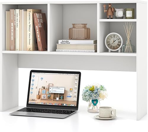 Miniatura 12 de LDAILY Estantería de escritorio, organizador de escritorio de oficina de 2 niveles con 4 estantes, estante de almacenamiento de madera de 37