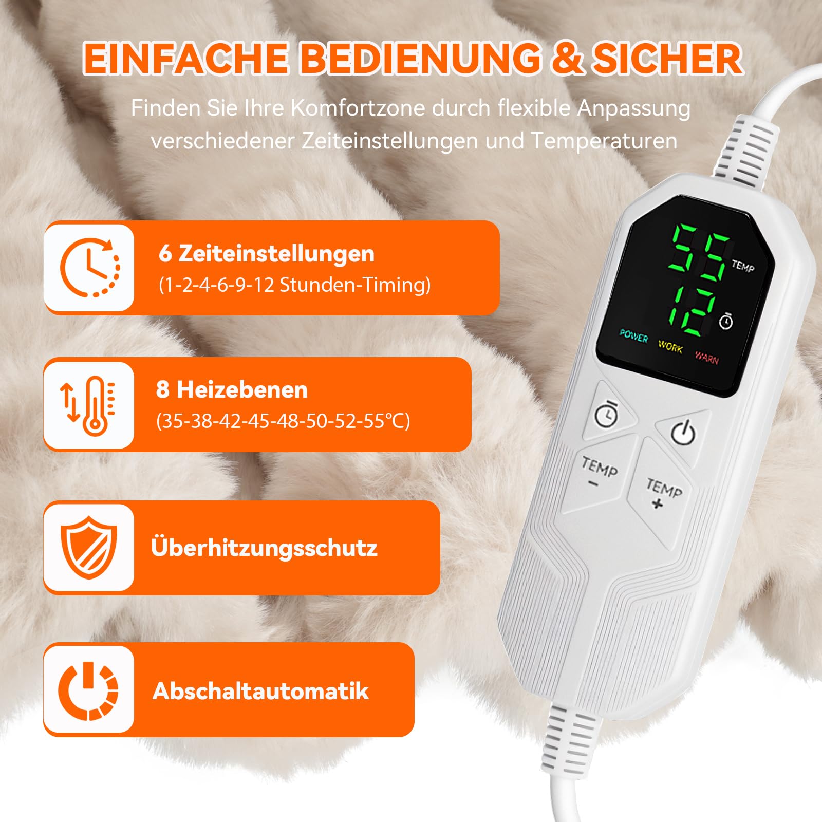 Warmfay Heizdecke mit Abschaltautomatik, 180 × 130 cm Kunstfell Kaninchen Fleece Wärmedecke Elektrisch Heizdecke mit 8 Heizstufen & 1-12H Timer, Waschbar Kuscheldecke für Bett & Sofa - Aprikose