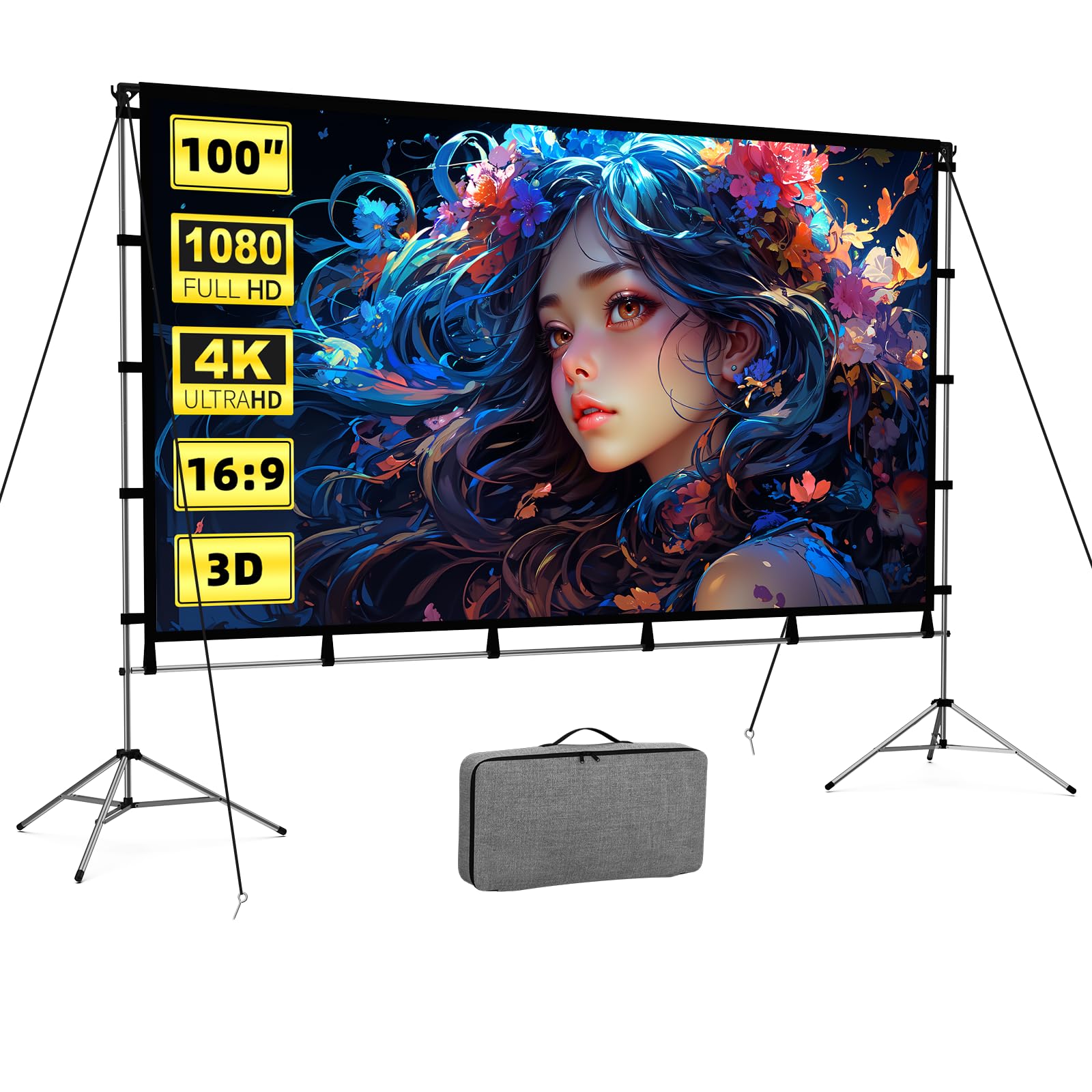 Pantalla de proyector con soporte, monitor de proyección plegable portátil de 100 pulgadas 16:9 HD 4K pantalla de película para proyector para interiores y exteriores con estuche de transporte para