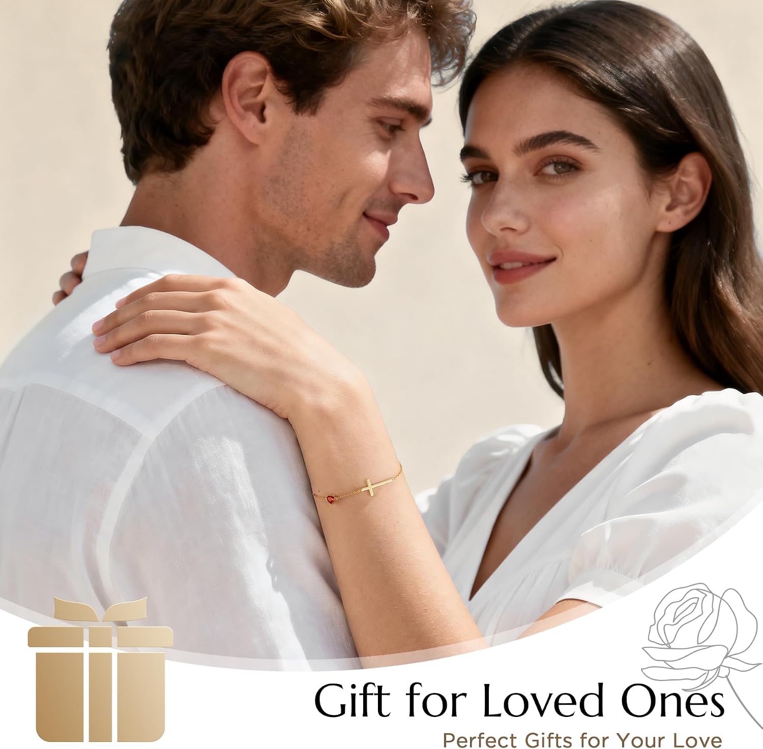 NORBU S925 Cross Bracelet for Women, 18K Gold Plated Sterling Silver Womens Cross Bracelet with Heart Birthstones, Religious Gift Anniversary Birthday Jewelry for Mother Mom Wife Girlfriend Her