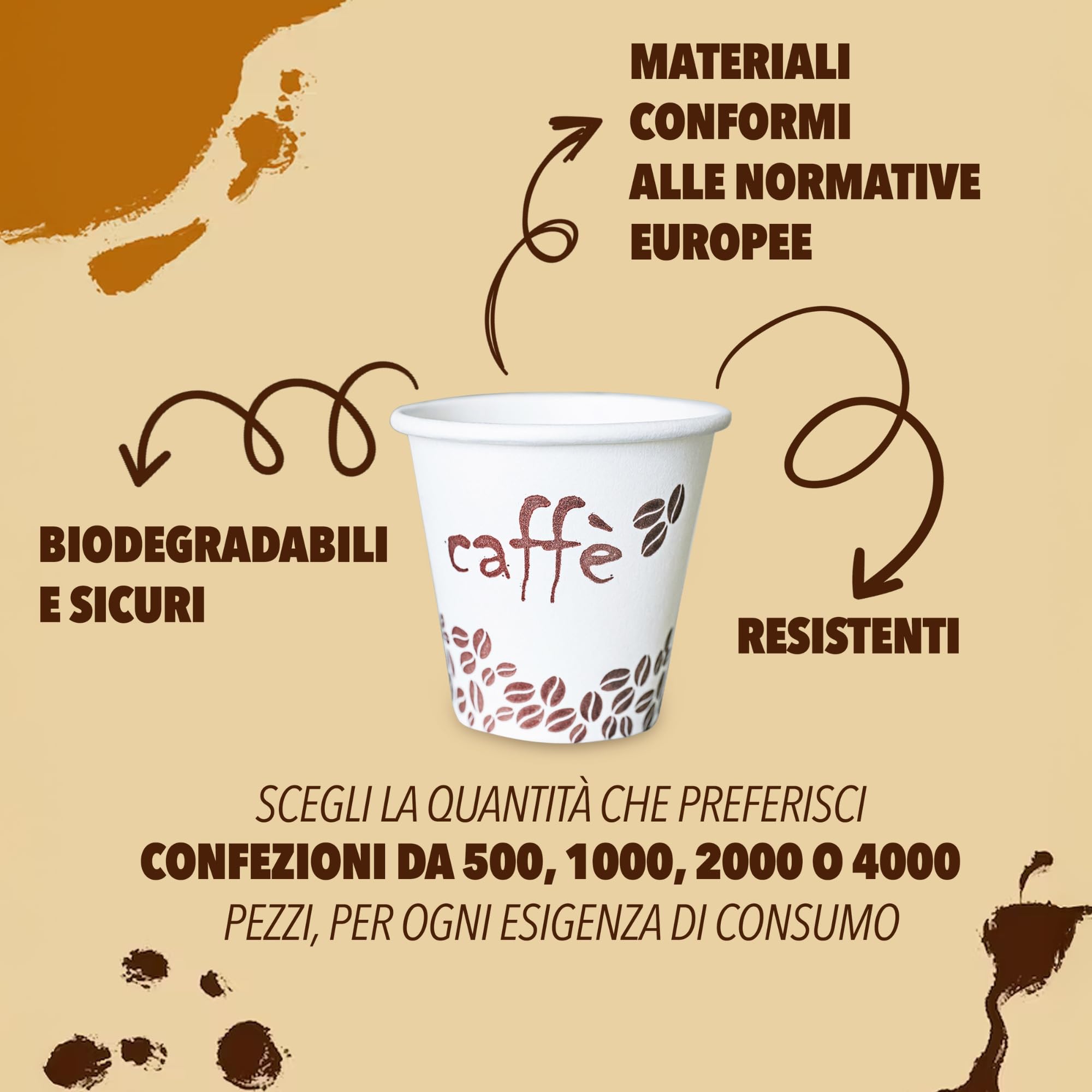 Bicchierini da Caffè, 4000 Pezzi, Usa e Getta Biodegradabili 75 ml, Bicchierini Caffè Espresso Monouso Compostabili Ecologici in Carta, Resistenti, Ideali per Bar e Uffici, Confezionati in Italia