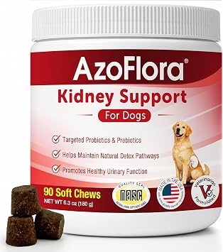 Azoflora Kidney Support Supplement for Dogs, Supports Healthy Urinary Tract & Kidney Function, Chicken Flavor Soft Chews, Easy to Administer, No Refrigeration Required- 90 Count