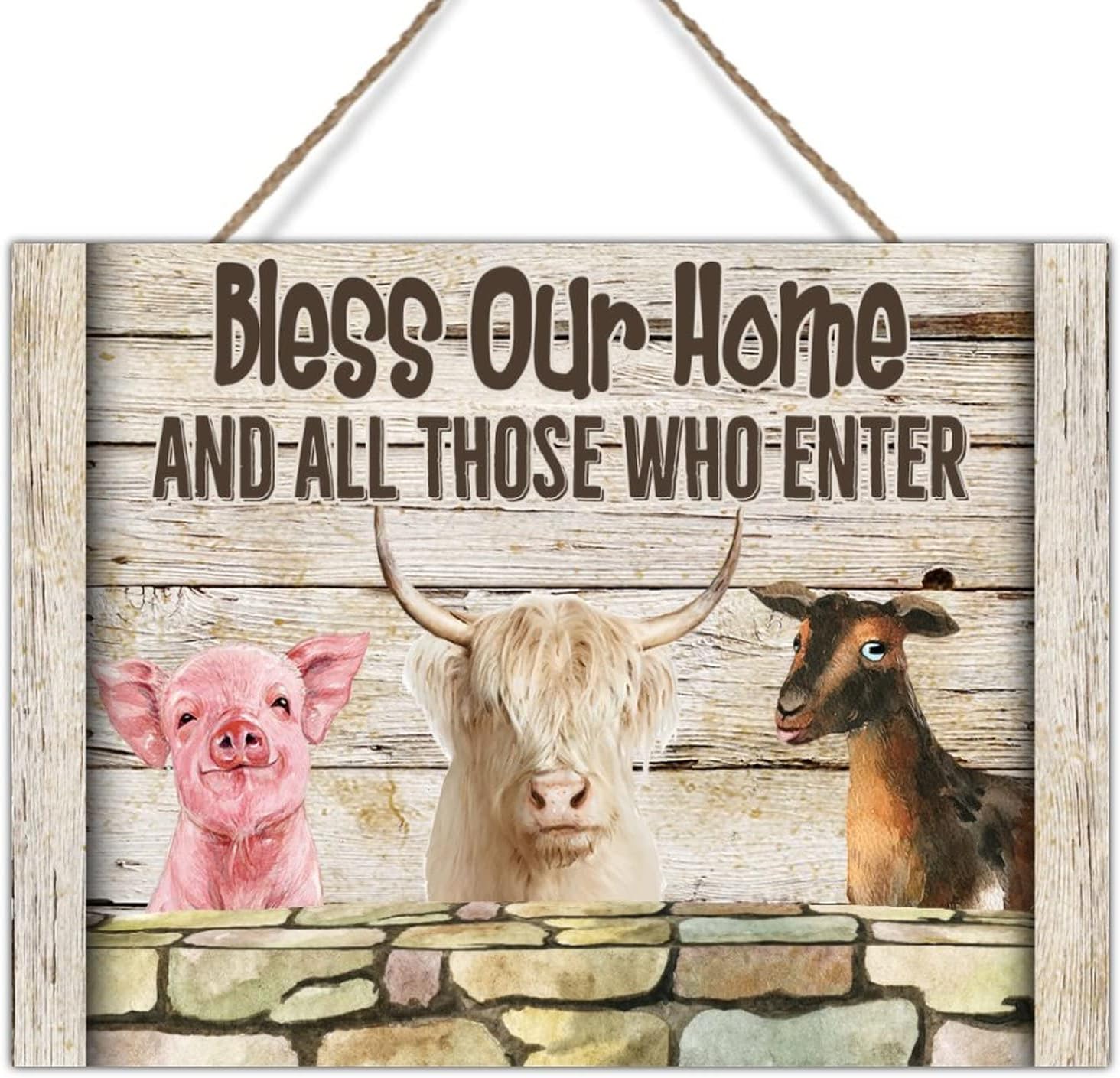 Farmhouse Animal Pig Cow Sheep Wall Art Decor Sign Rustic Wooden Signs Bless Our Home and All Those Who Enter Sign Plaque for Living Room 24x18in Animal Lover Birthday Gift