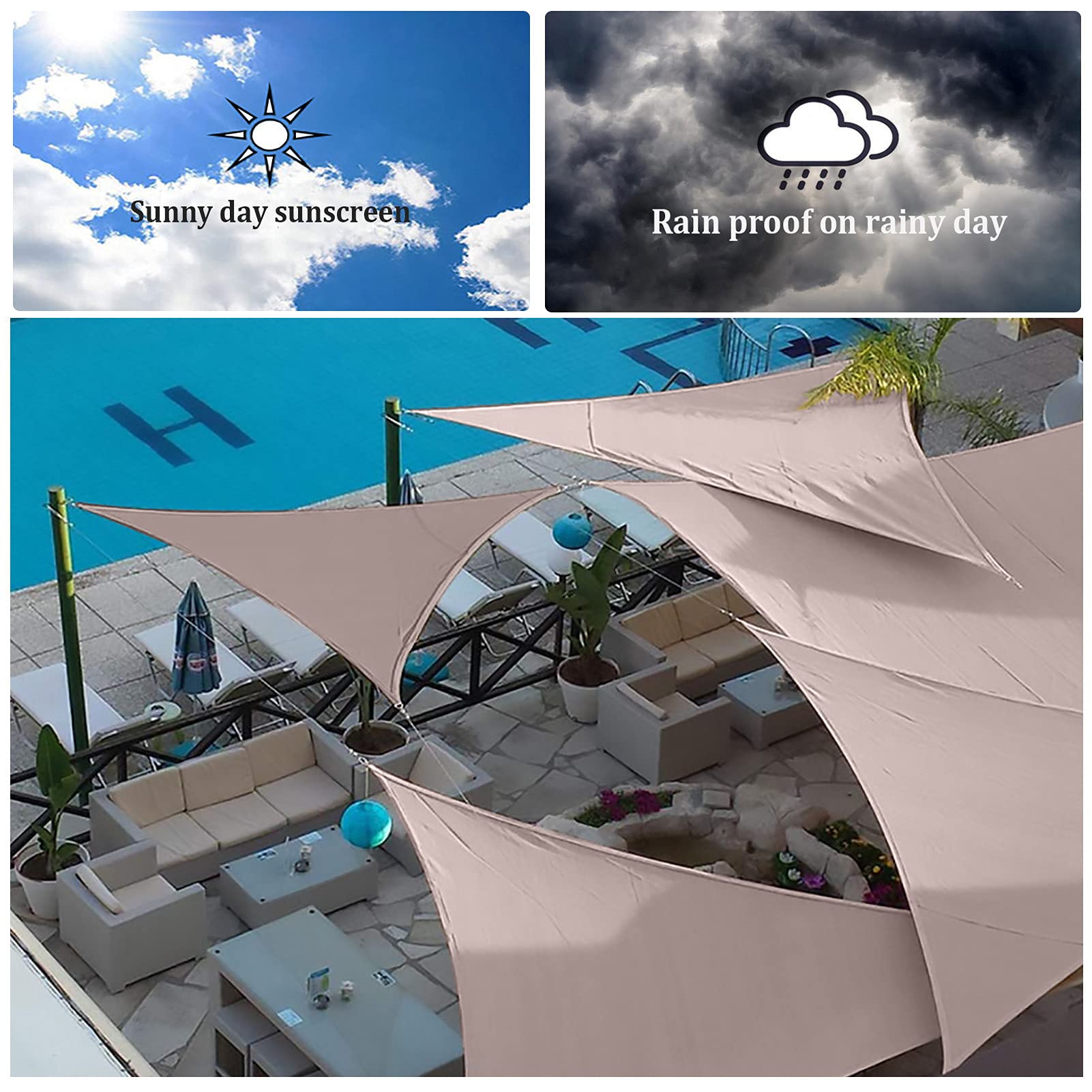 Tenda da Sole a Vela Triangolare Kaki con Kit di Fissaggio, Tenda da Sole Oxford Traspirante con Blocco UV al 95%, tettuccio per Protezione Solare per Prato da Giardino all'aperto,6x6x6M