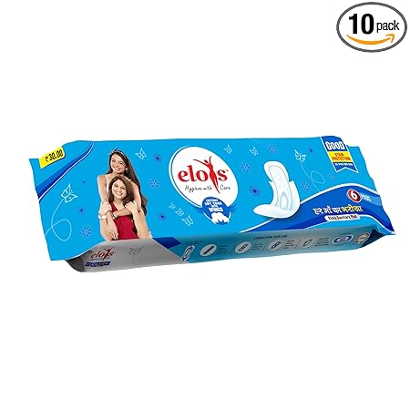 Elois Soft & Rash Free Sanitary Pads For Heavy Flow 100% Pure Cottony Soft Layer for Women, 6 Pads, 280 MM (Pack of 10)
