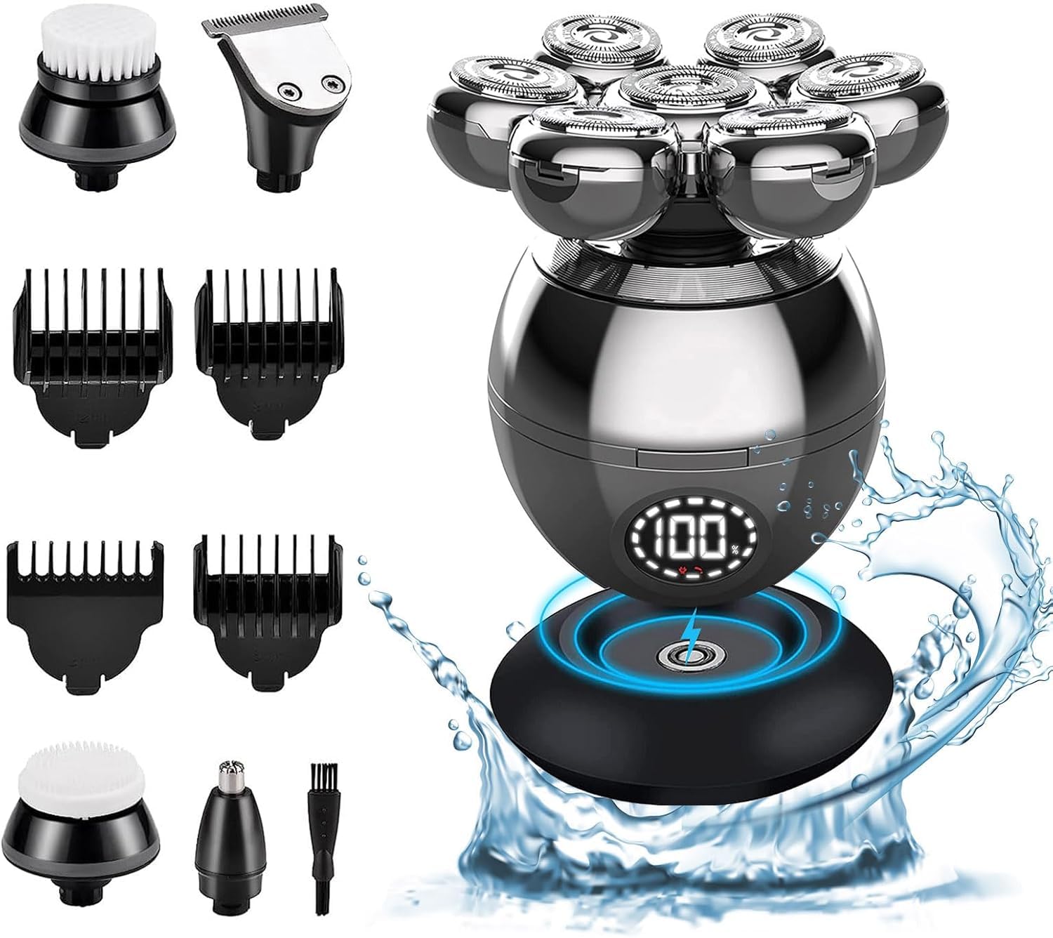 Rasoio Testa Calva, Rasoio Elettrico Barba 5 in 1 Impermeabile IPX7 con 7 Testine Rotanti, Display della batteria e Cavo di ricarica di tipo C, Rasoio per capelli a zero per Naso Orecchie Corpo Viso