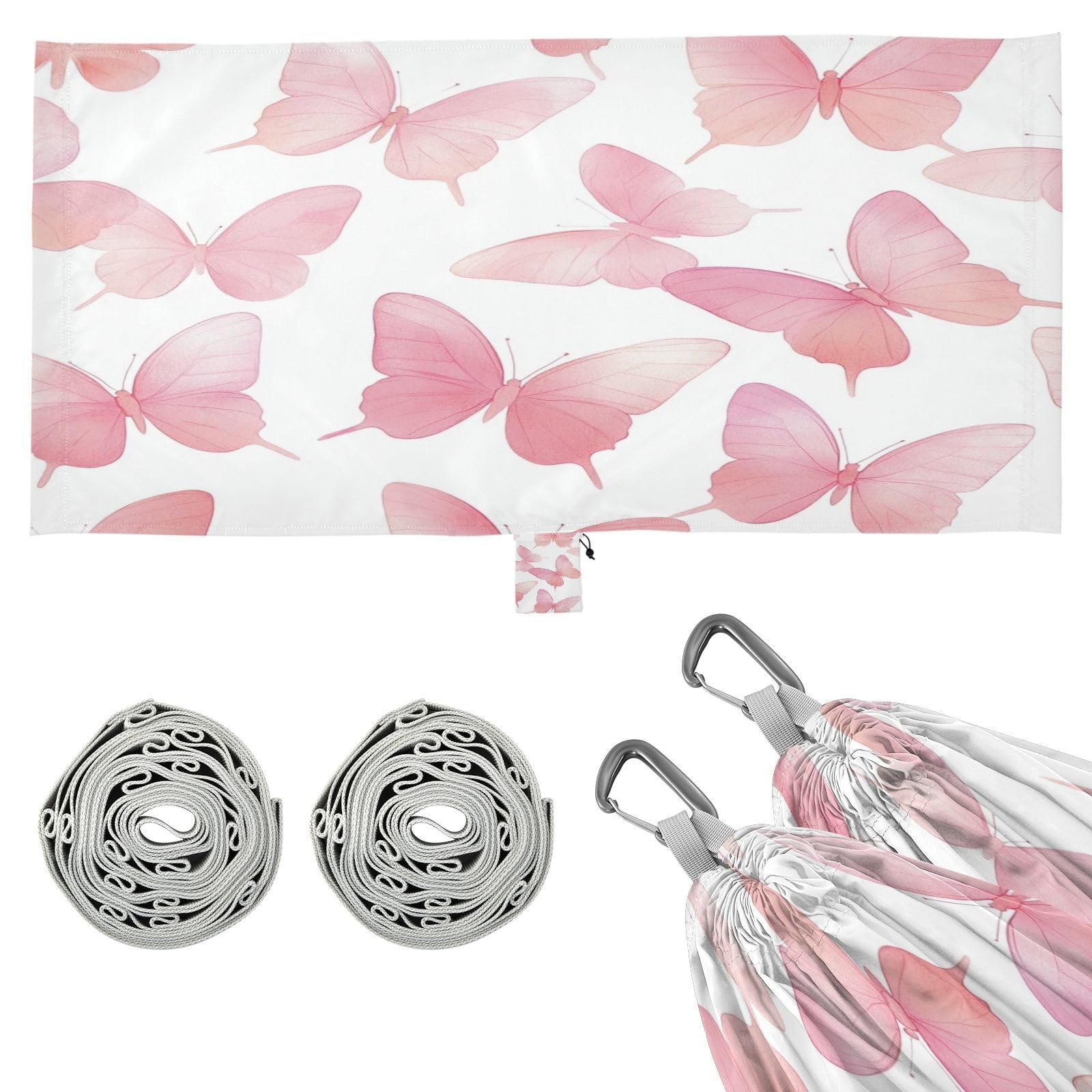 Haskirky Pink Butterfly Camping Hammock, Single Portable Hammocks with Tree Straps & Attached Carry Bag, 330Lbs Capacity Perfect for Outside Indoor Hiking Beach Backpack Travel