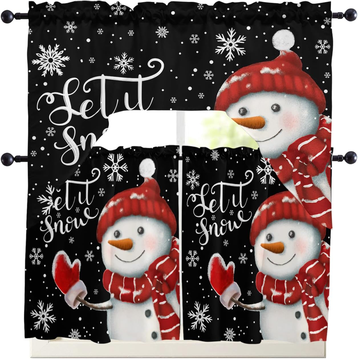 Let-It-Snow Christmas 3pcs Kitchen Tier and Swag Window Curtain Set for Small Window 36 Inches Length, Snowman Snwoflakes Black Rod Pocket Light Filtering Window Treatment Swags Tier Set