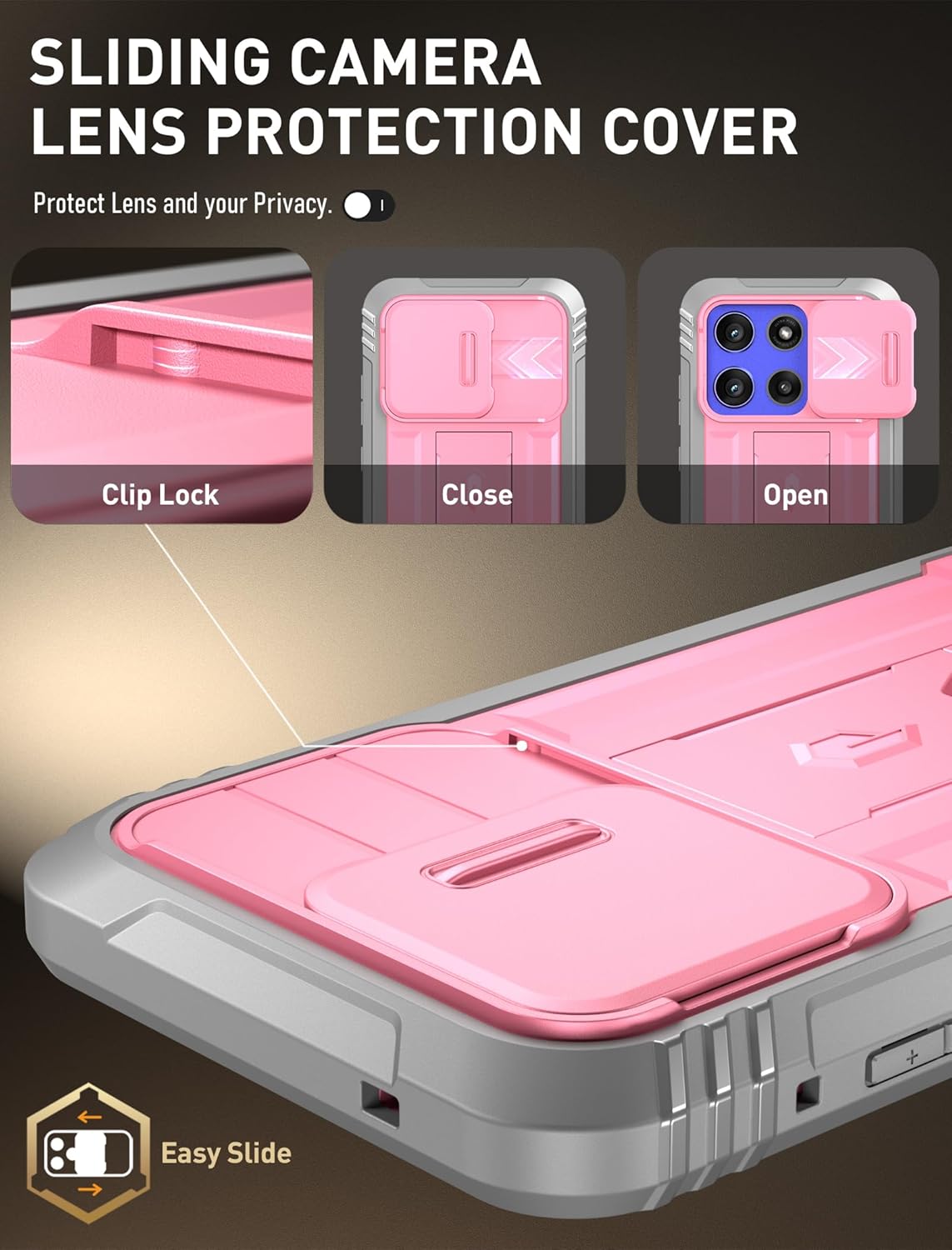 Poetic Revolution Case for Motorola Moto G Stylus 5G 2025, [Slide Camera Cover] [Screen Protector Works with Fingerprint ID] Military Grade Rugged Shockproof Phone Case with Built in Kickstand, Pink