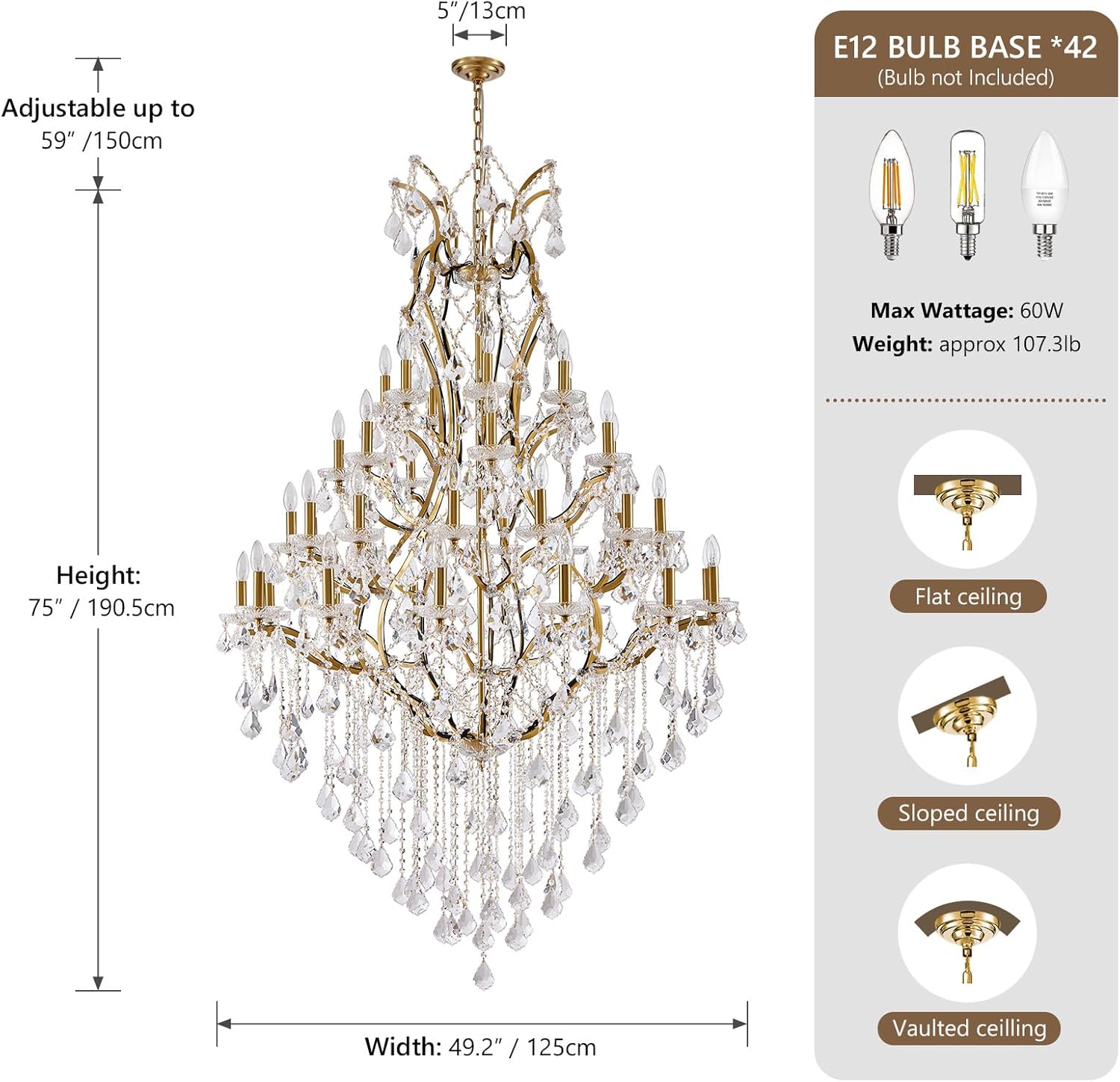 42 Lights Large Crystal Chandeliers for High Ceilings Brass Maria Theresa Chandelier Light Fixture Modern Chandelier for Foyer Hallway Entryway Staircase 75" H x 49.2" D