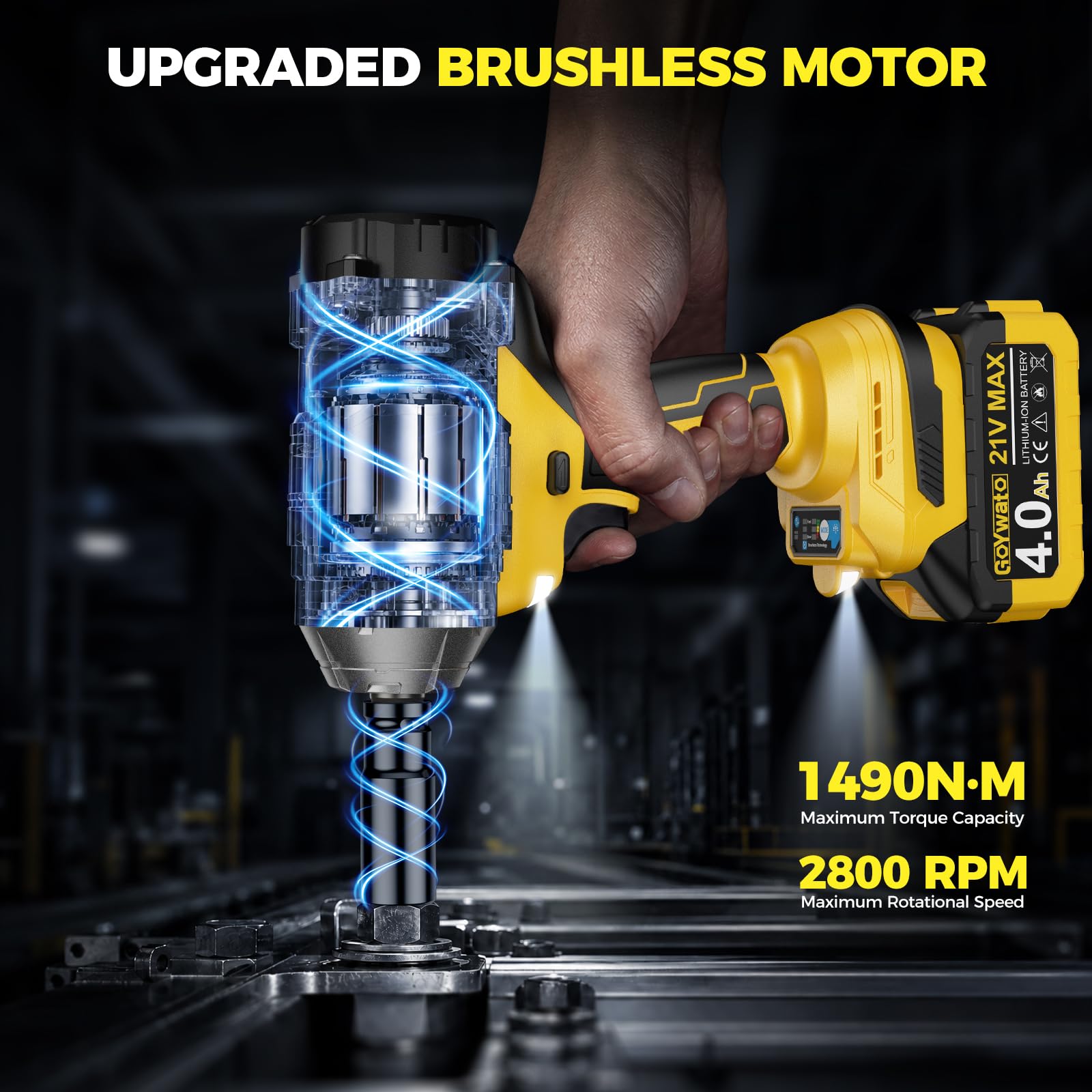 1490 Nm Avvitatore a Impulsi con 2 Batterie 4.0Ah & 6 Bussole, Giallo | 1/2'' Avvitatore ad Impulsi Brushless con Caricabatterie & LED Integrata, Ideale per Auto, DIY e Uso