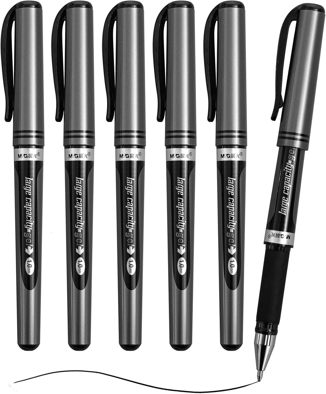 M&G 6 Pcs Gel Pens, 1.0mm Black Ink Gel Pens Bold Point, Quick Dry Gel Ink Pens Bulk Smooth Writing with Soft Anti-Slip Grip & Plug-In Cover for Journaling Office Supplies School